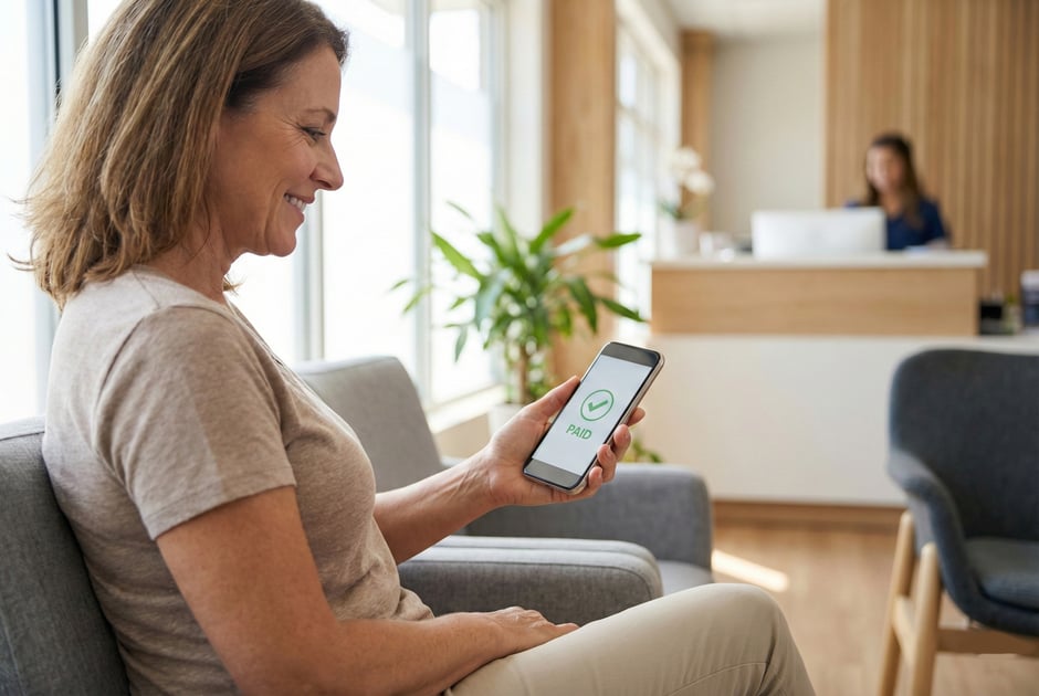 Patient in a clinic smiling at a mobile payment confirmation on their phone