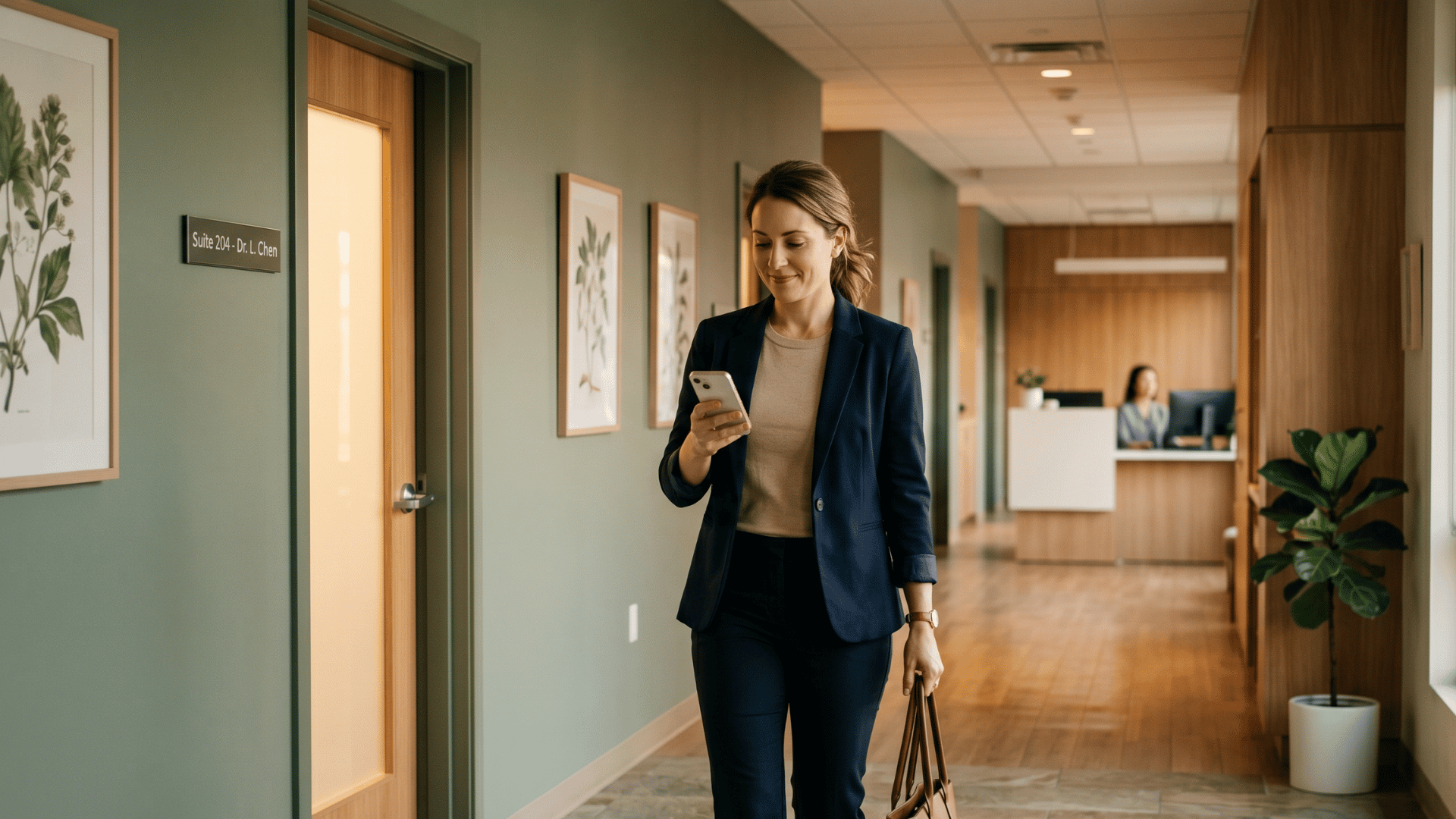 Patient leaving specialty clinic reading appointment text on phone in a quiet modern hallway.