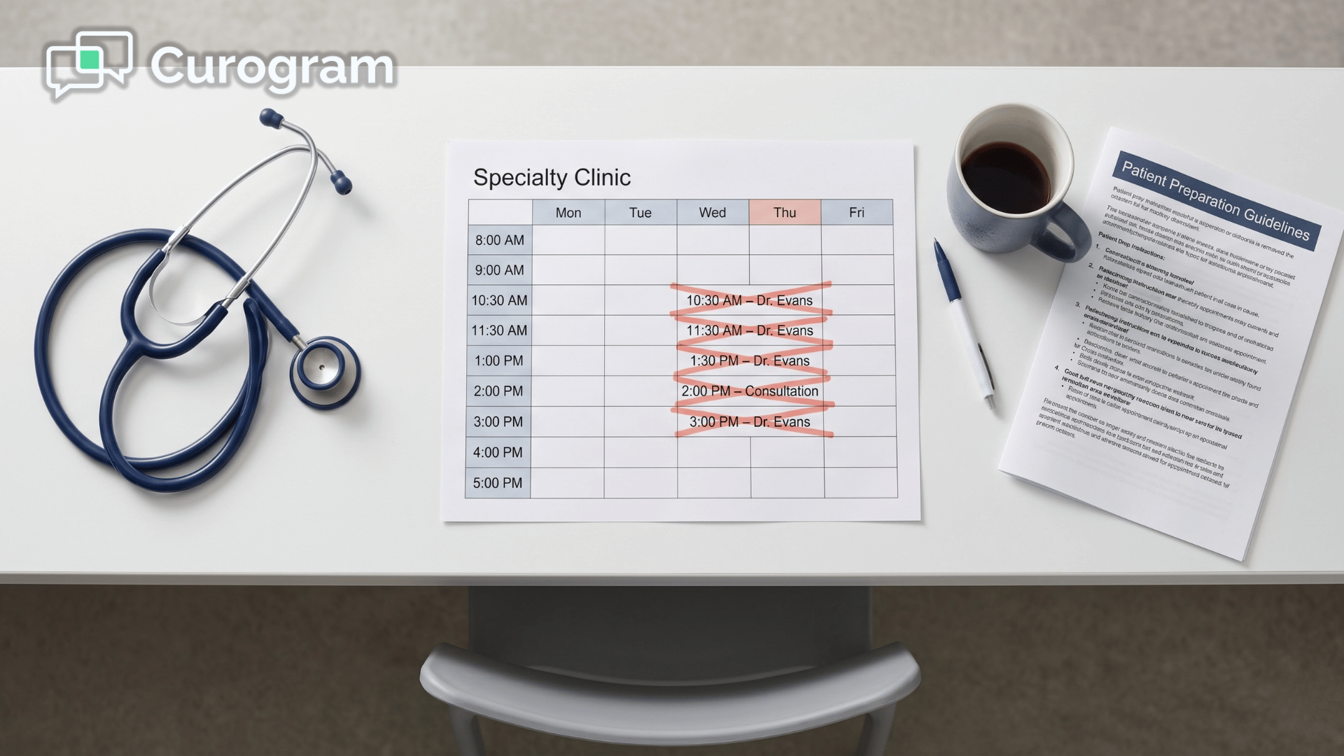 Empty appointment chair at specialty clinic reception with crossed-out schedule and unopened prep sheet