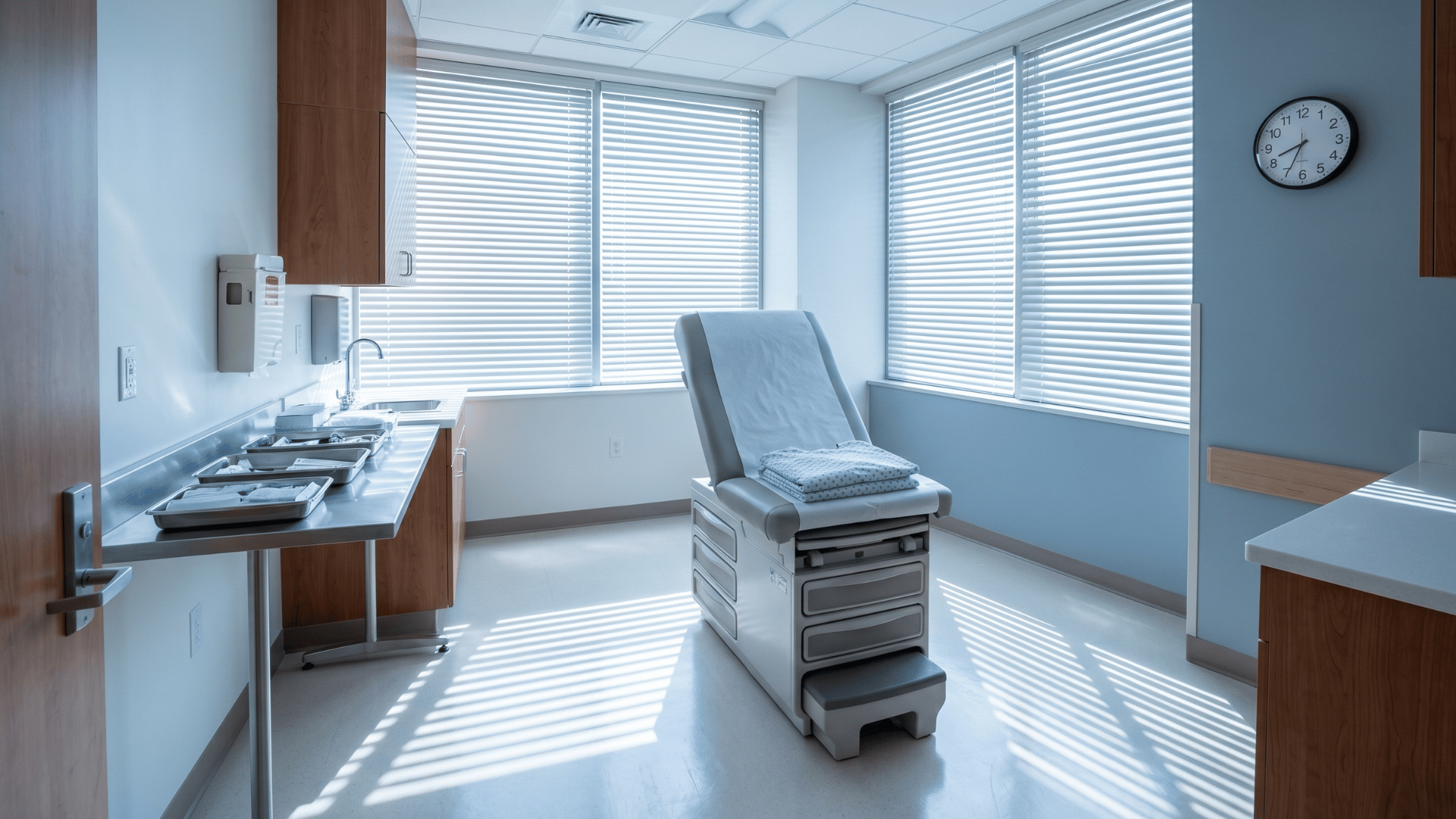 Empty specialty procedure room past appointment time showing impact of patient no-shows