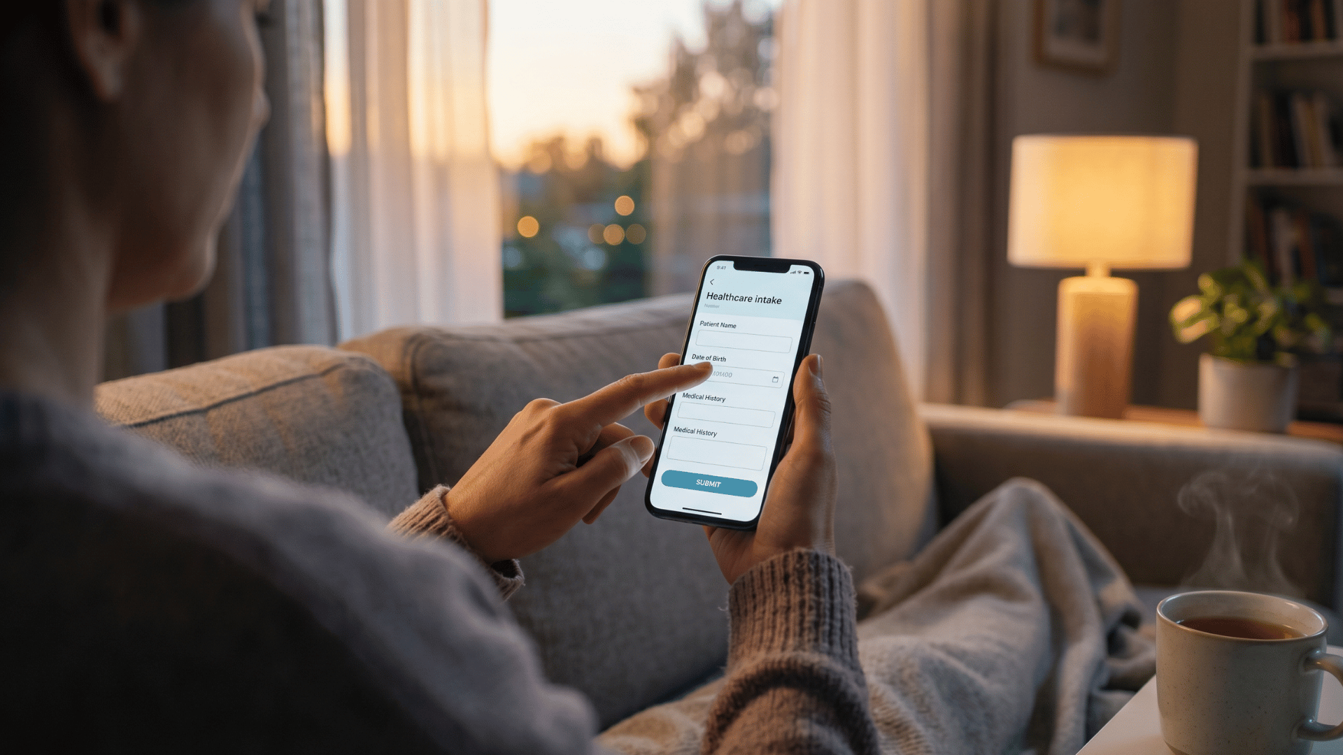 Patient completing a digital pre-visit intake form on their phone from home before a clinic appointment.
