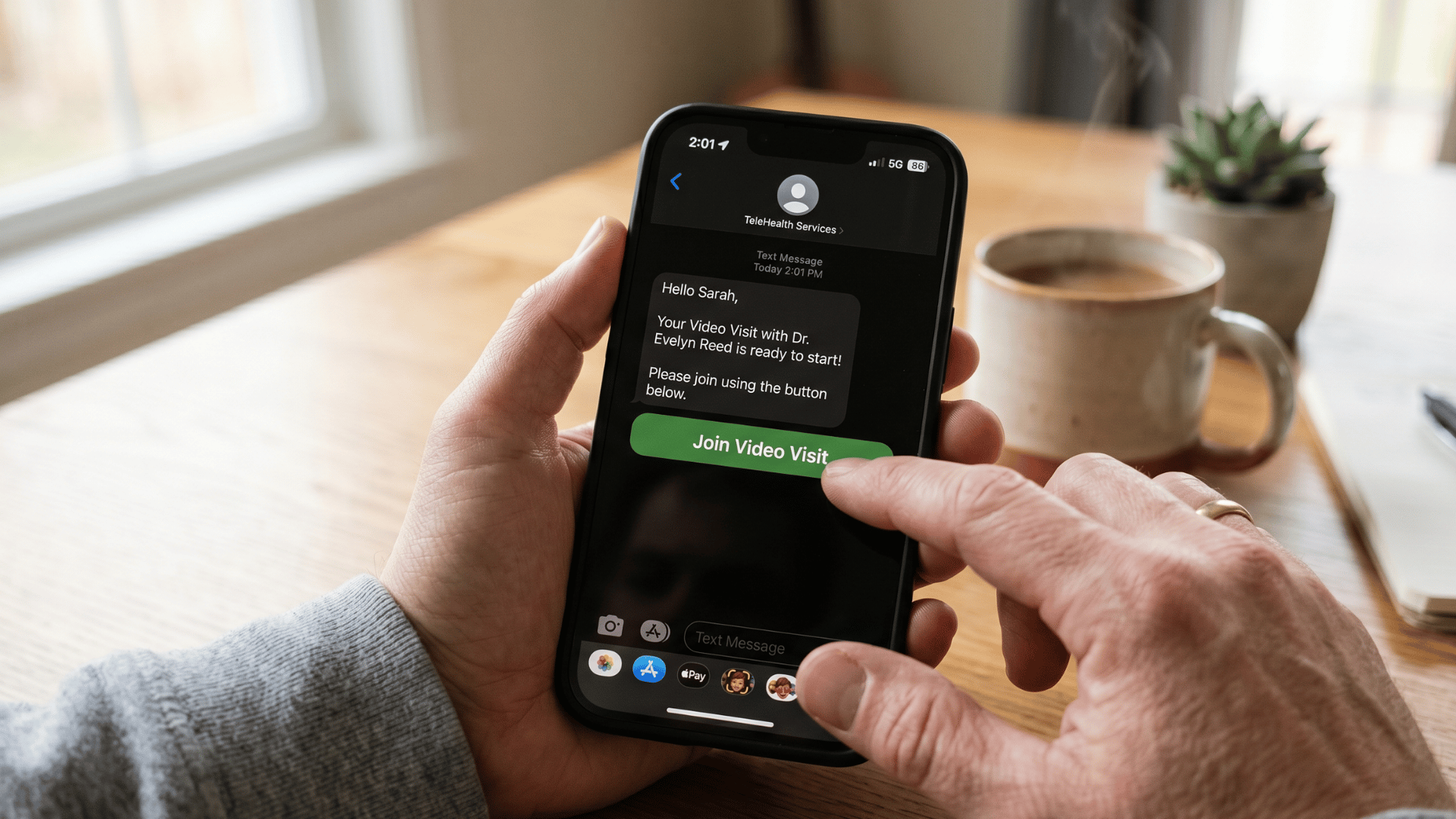 Patient tapping a one-tap text link to join a telemedicine video visit from a smartphone