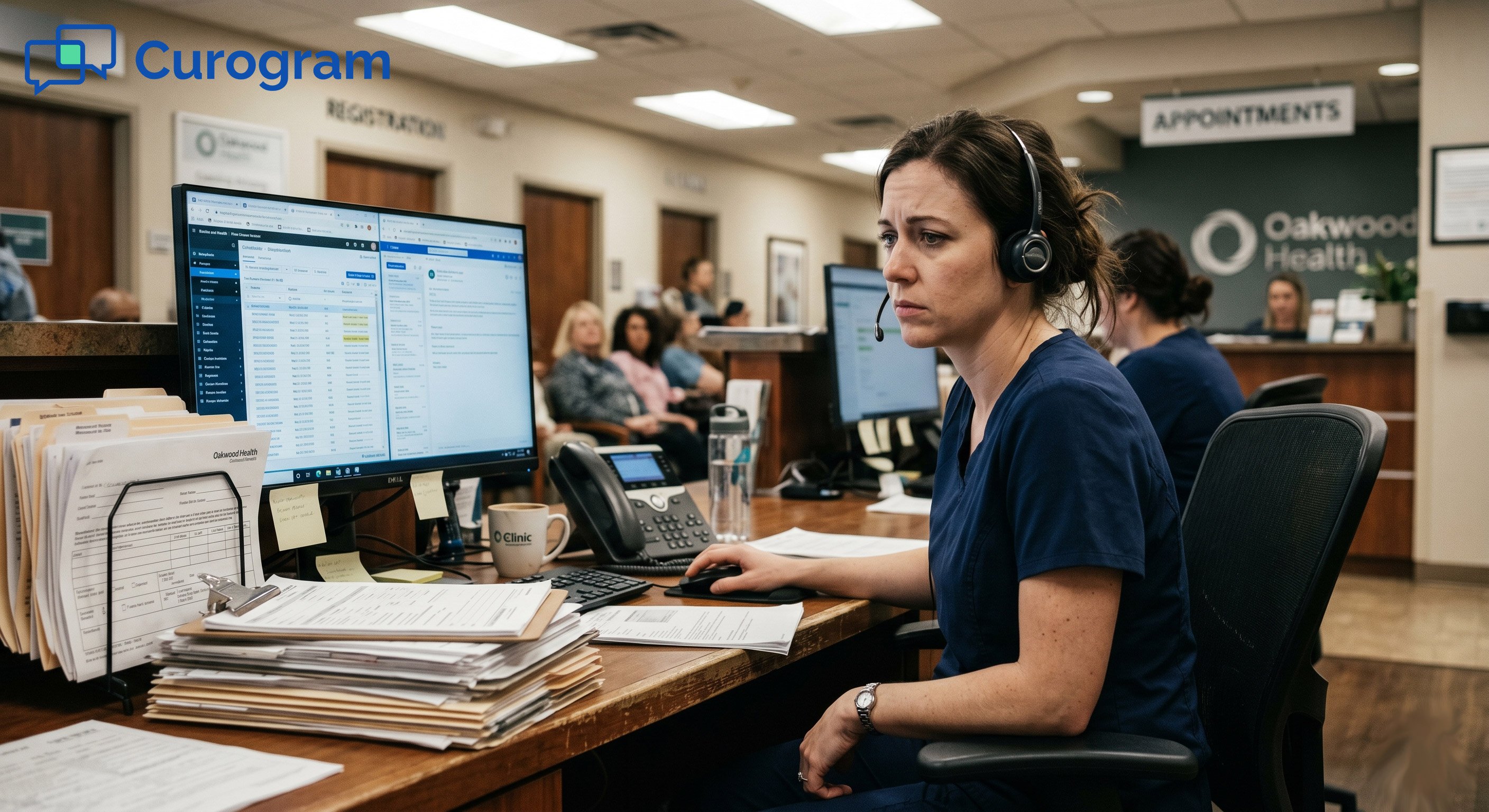 Stressed front desk worker, medical clinic, telephone headset, papers