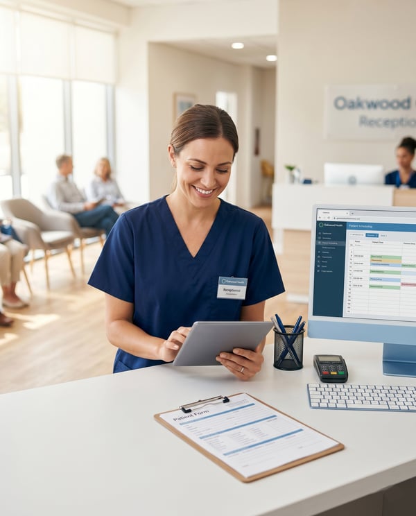 Smiling receptionist tablet, tidy healthcare front desk, modern waiting room