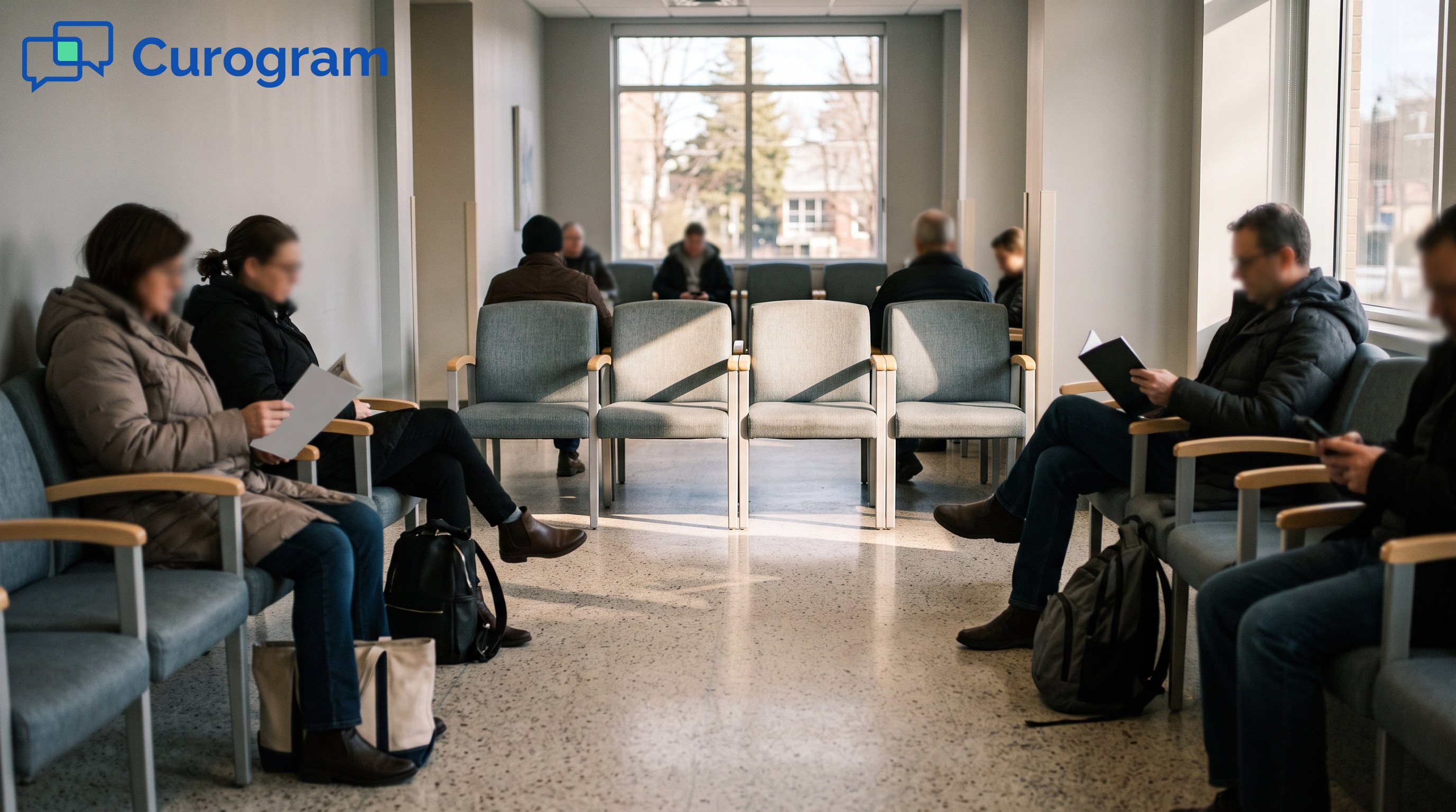Patients waiting in a bright medical clinic with sunlight on empty chairs