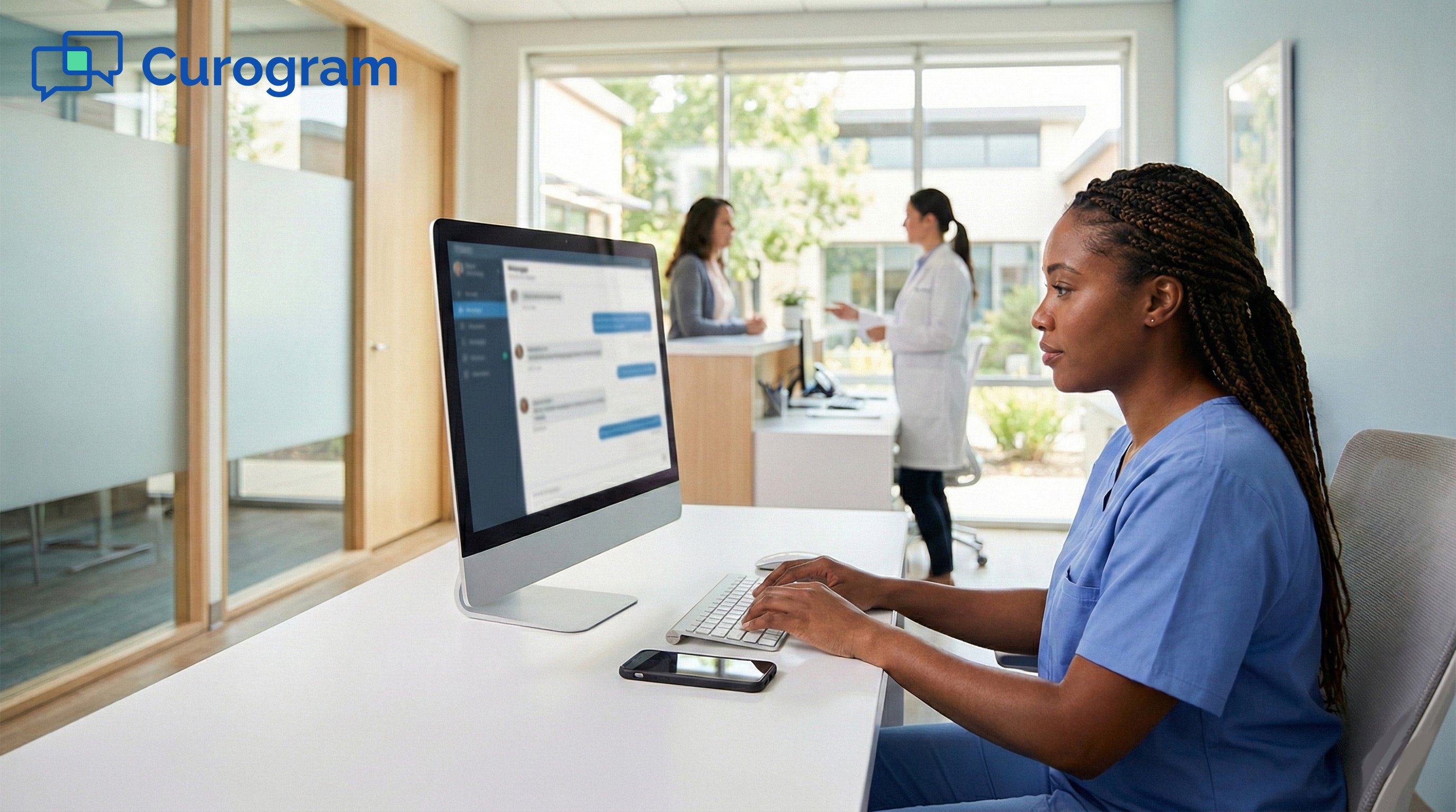 Healthcare staff managing patient communication at a clinic front desk