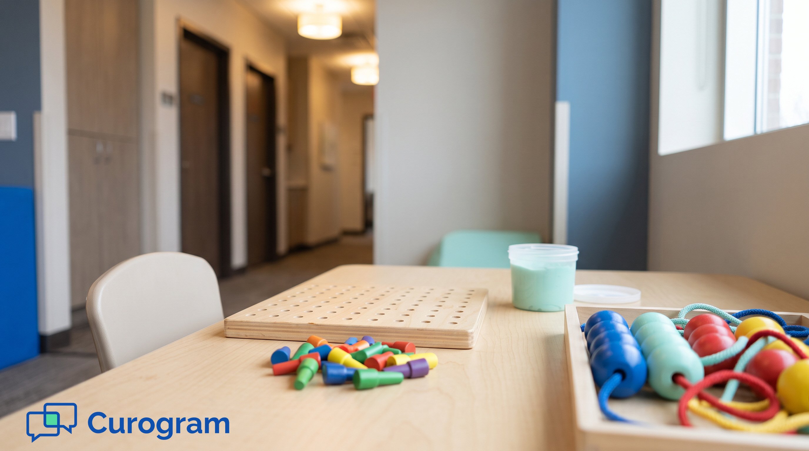 An occupational therapy table set with a pegboard, putty, and beads beside an empty chair