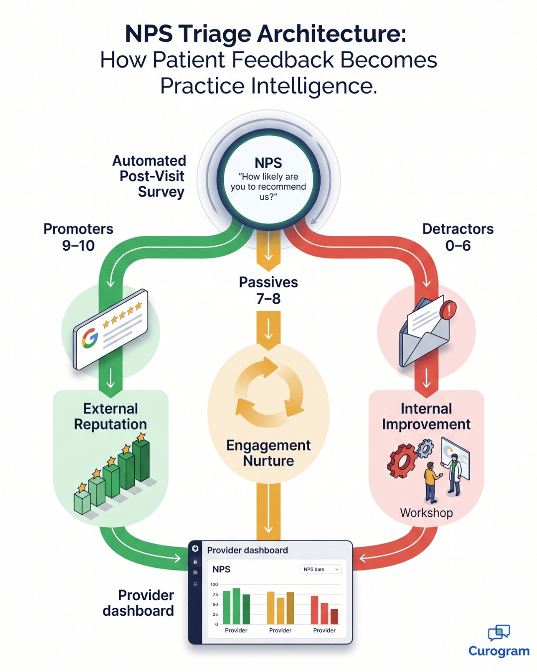NPS triage architecture routing patient feedback to Google reviews, nurture, and admin alerts