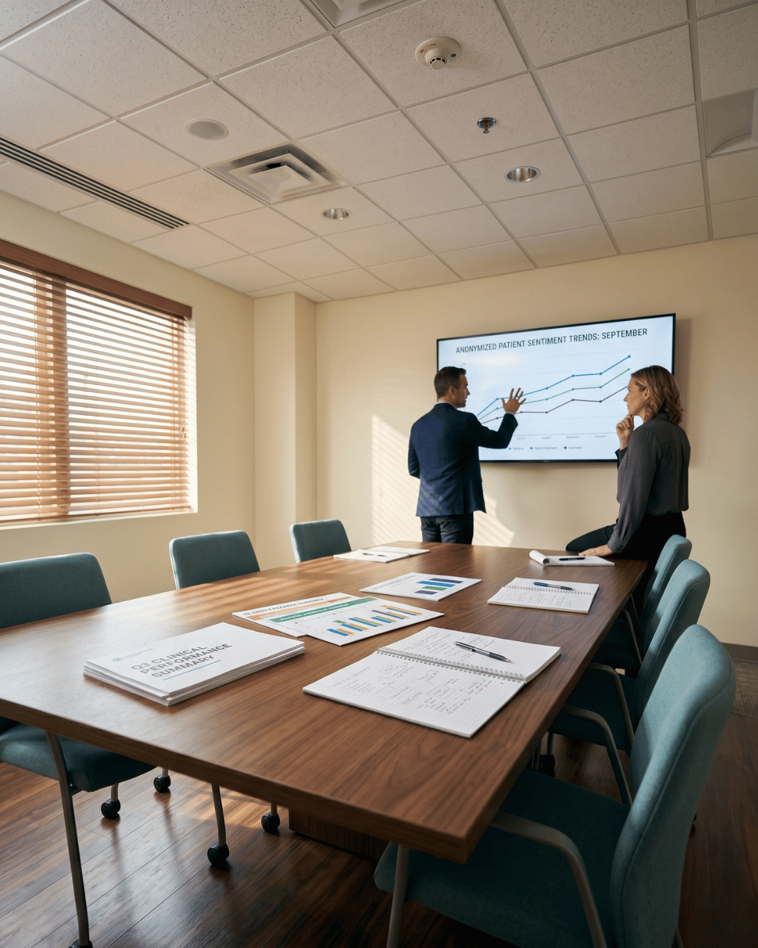 Clinic leaders reviewing patient NPS trends on a wall display in a strategy meeting