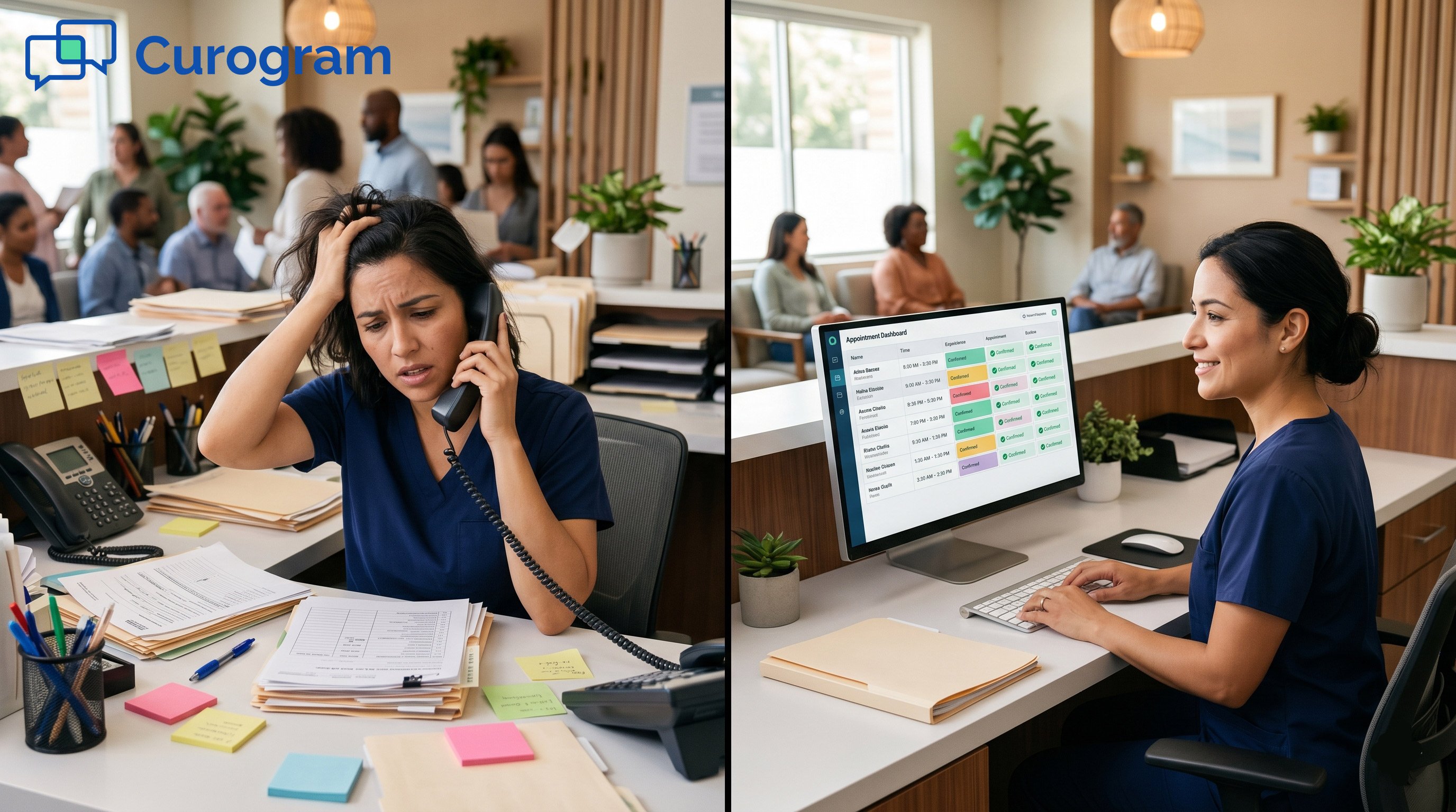 Graphic contrasting stressed receptionist in busy clinic vs. relaxed staff with organized dashboard