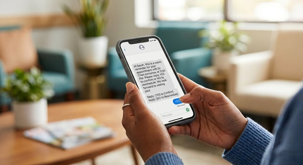 Close-up of a patient holding a smartphone displaying an appointment reminder text messageClose-up of a patient holding a smartphone displaying an appointment reminder text messageClose-up of a patient holding a smartphone displaying an appointment reminder text messageClose-up of a patient holding a smartphone displaying an appointment reminder text message