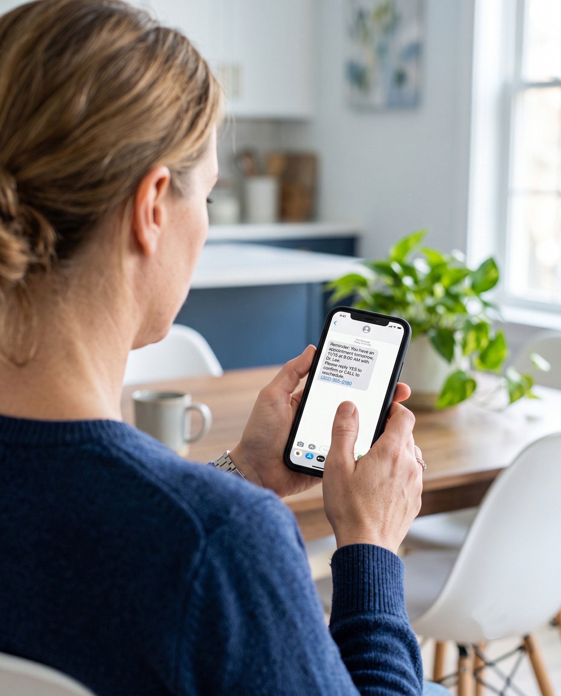 Patient reading a medical appointment reminder text message on a smartphone