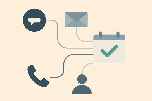 Graphic icons representing SMS, email, and phone as channels for sending patient appointment reminders, leading to a confirmed appointment symbol.