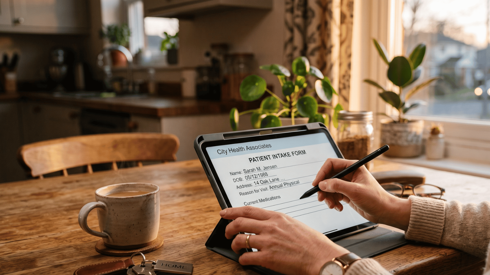 Patient completing digital intake forms on a tablet at home before a clinic visit