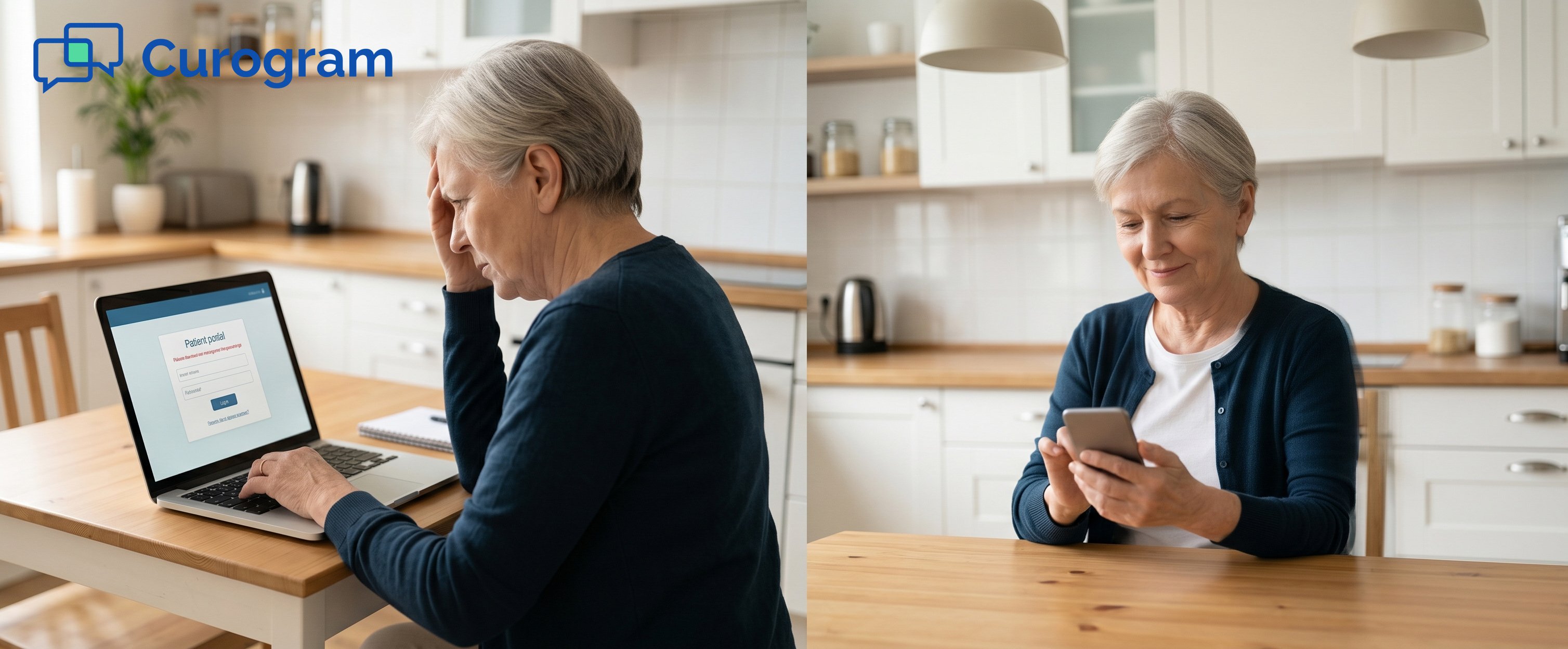 Side-by-side photos comparing a stressed senior on a laptop and a happy senior on a smartphone