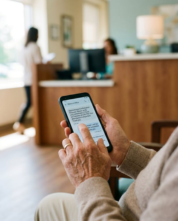 Senior patient confirming a formal CT scan appointment on a smartphone in a clinic
