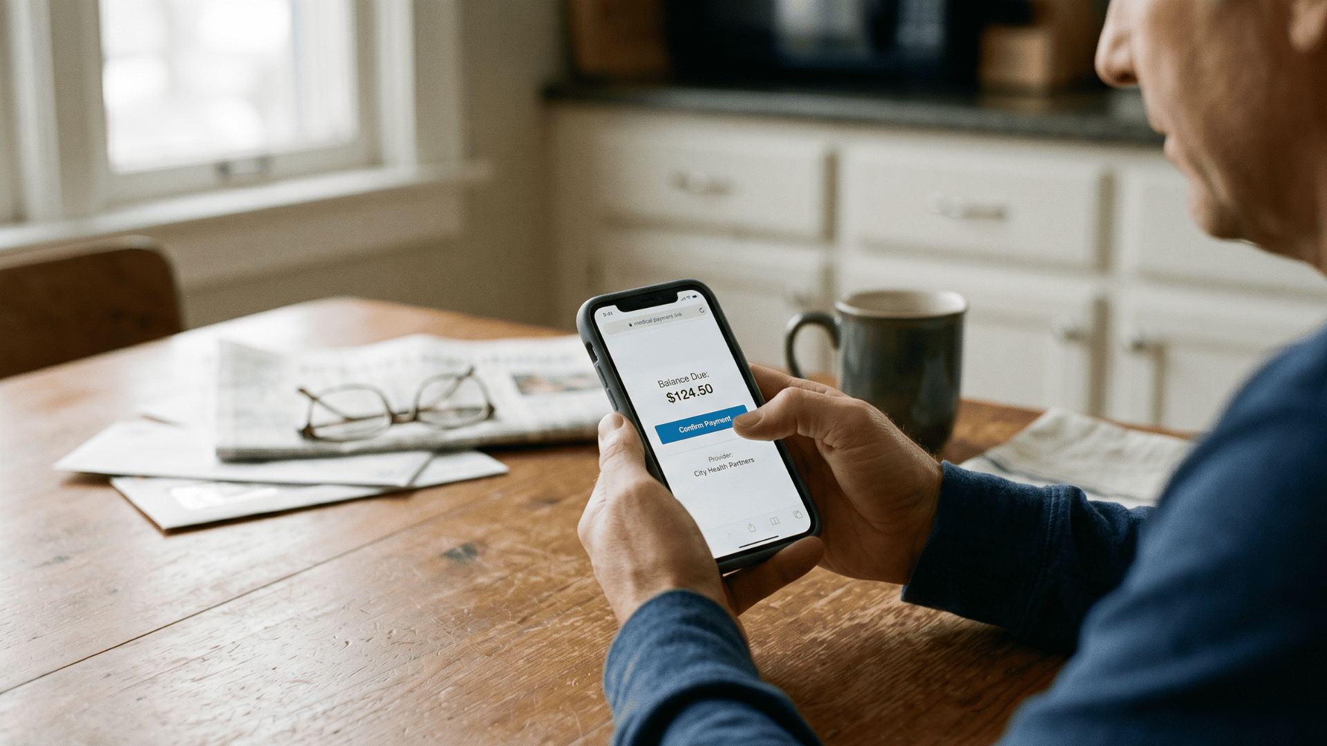 Patient paying a medical bill at home by tapping a text payment link on phone