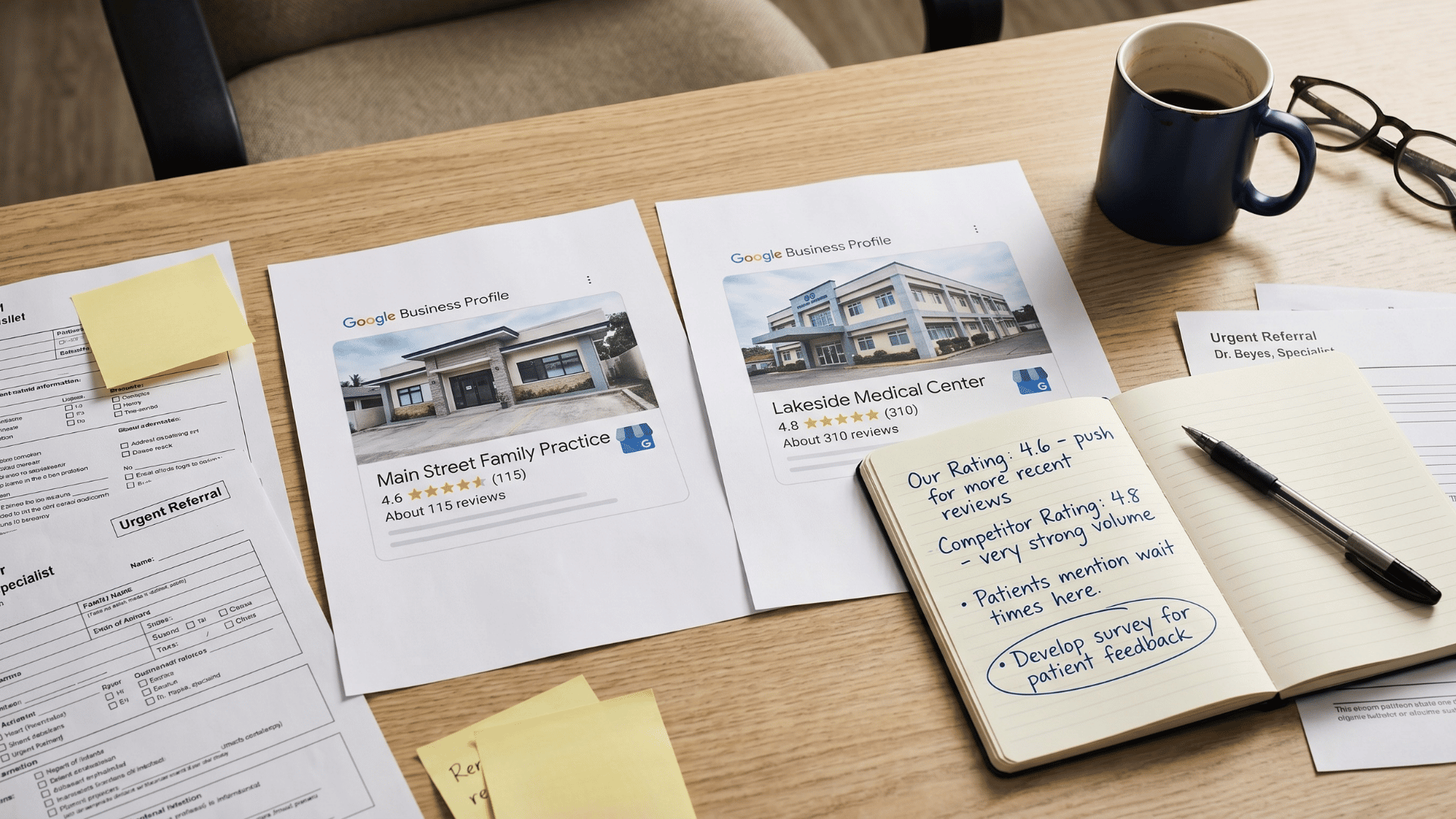 Practice manager desk comparing two Google Business Profile printouts for reputation analysis
