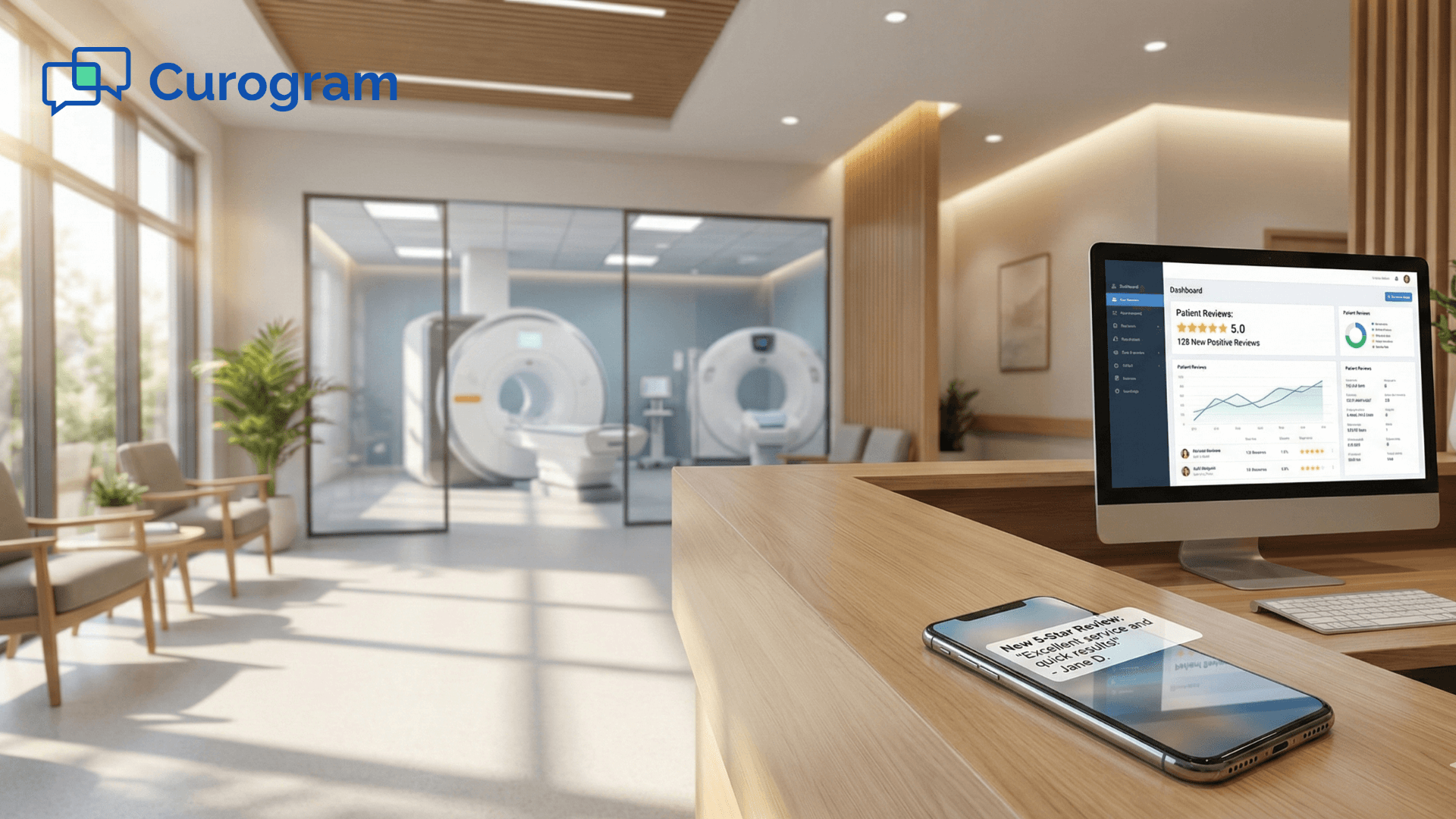 Imaging center reception desk with patient review management dashboard display