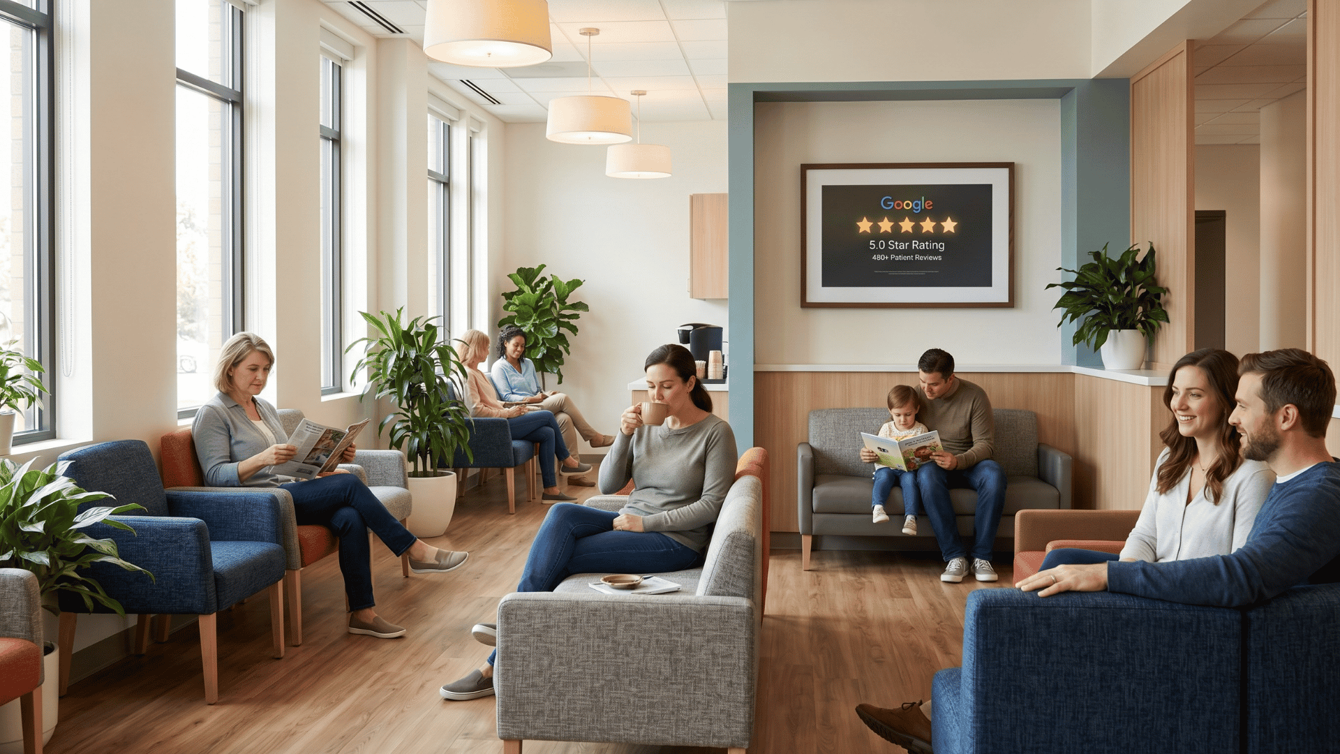 Busy medical practice waiting room with patients relaxed beneath a wall display of five-star reviews.
