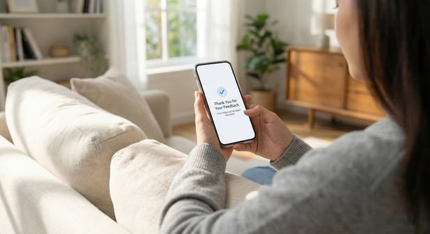 Patient conveniently submitting a digital feedback survey on a smartphone from home