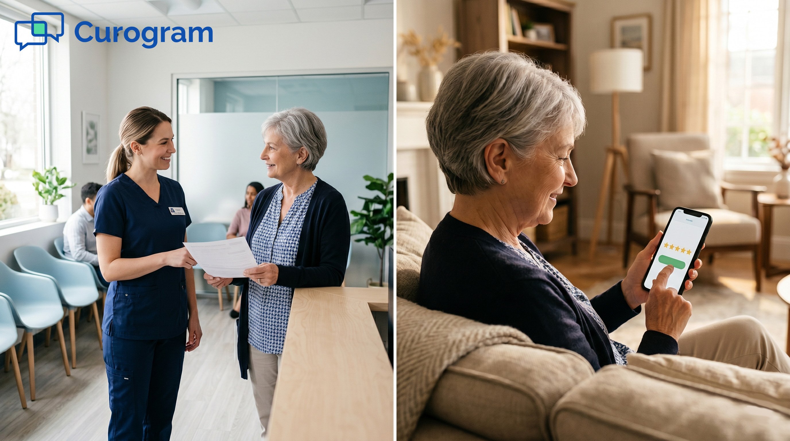 Receptionist greets older woman in modern imaging clinic; same woman on couch with 5-star phone review