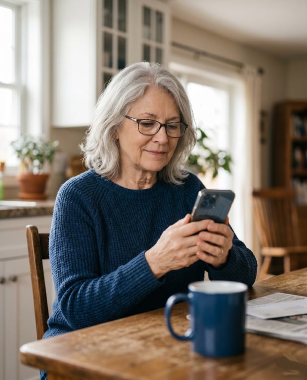 Elderly patient on the kitchen table holding her smartphone