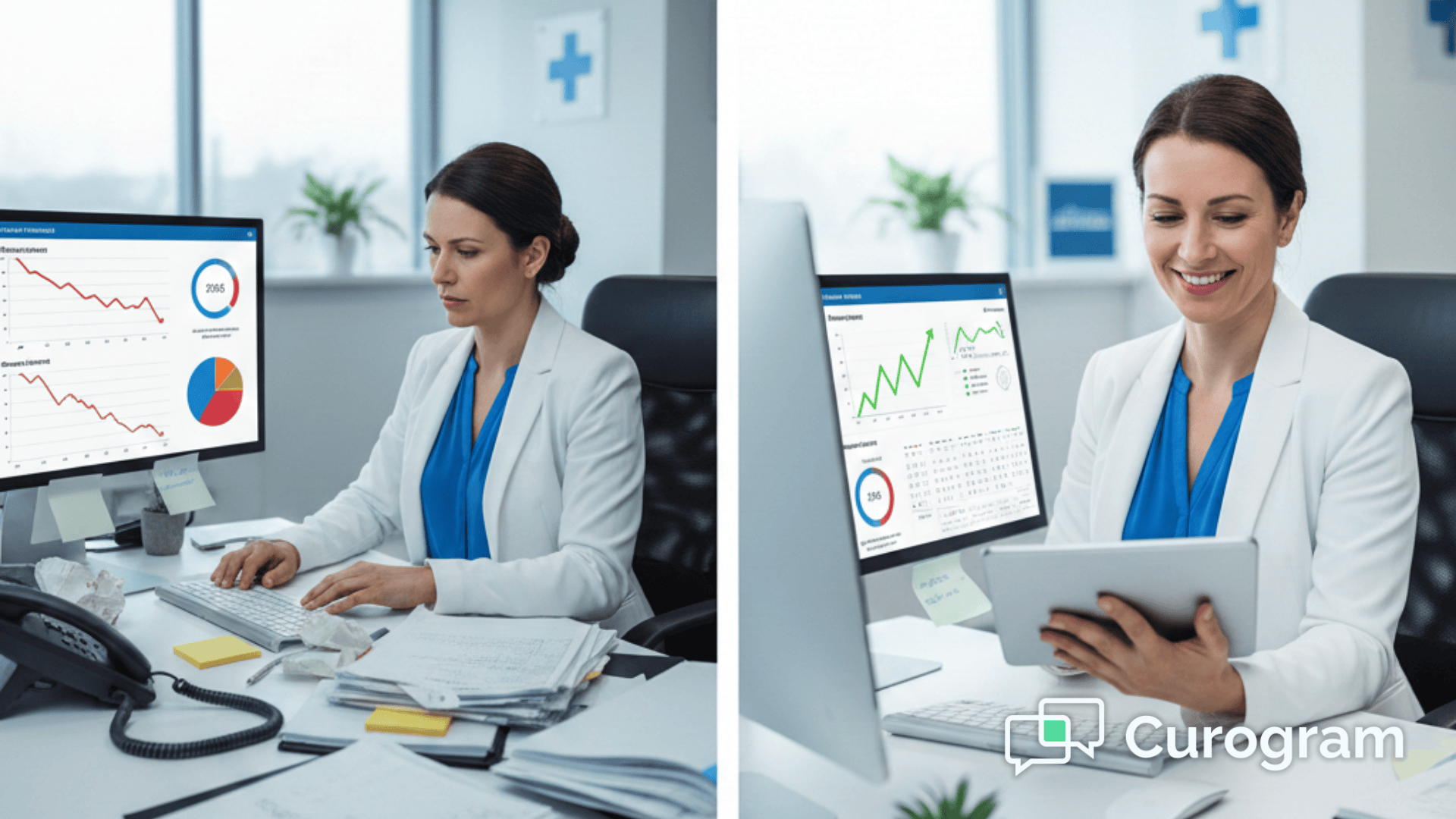 Office manager reviewing improved revenue from automated appointment reminder system