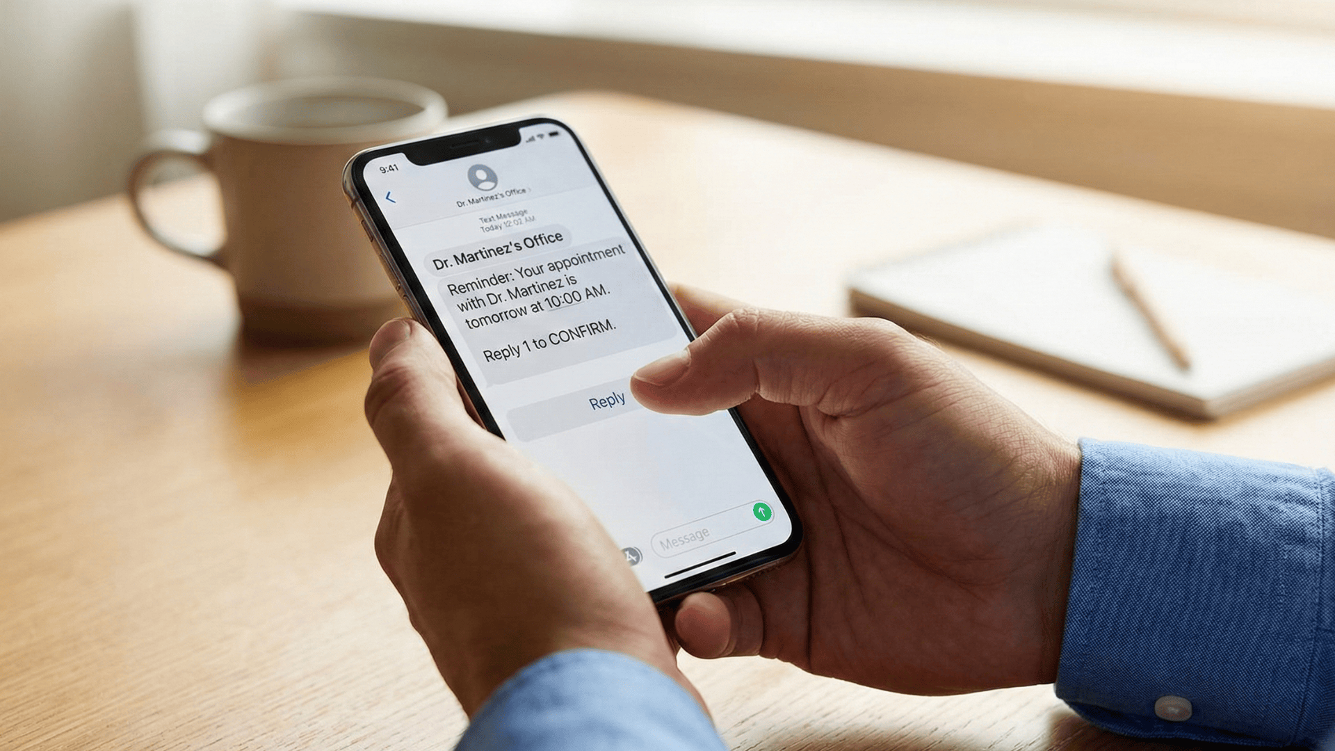 Patient confirming medical appointment via SMS text message on smartphone