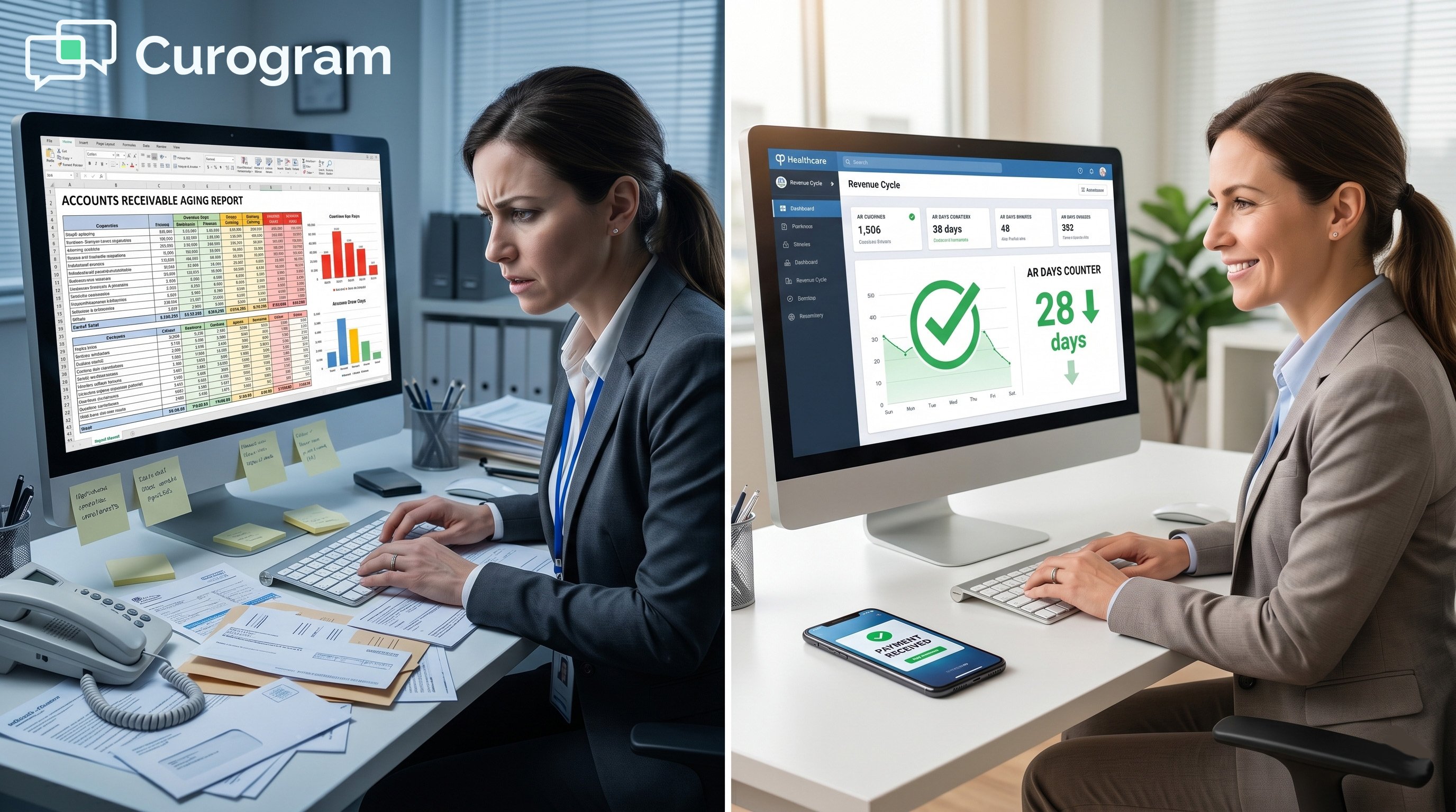 Split-screen photo: stressed accountant at cluttered desk vs. relaxed professional at clean modern medical revenue cycle dashboard