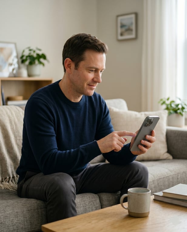Realistic photo of a man in a modern living room, sitting on a grey sofa, holding and using a large smartphone