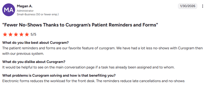 Administrator review: Curogram reduced no-shows with patient reminders and forms