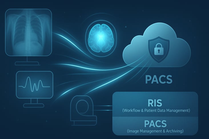 Illustration showing diverse digital medical images (X-ray, CT, MRI) being managed and archived by a Picture Archiving and Communication System (PACS), central to RIS PACS integration.
