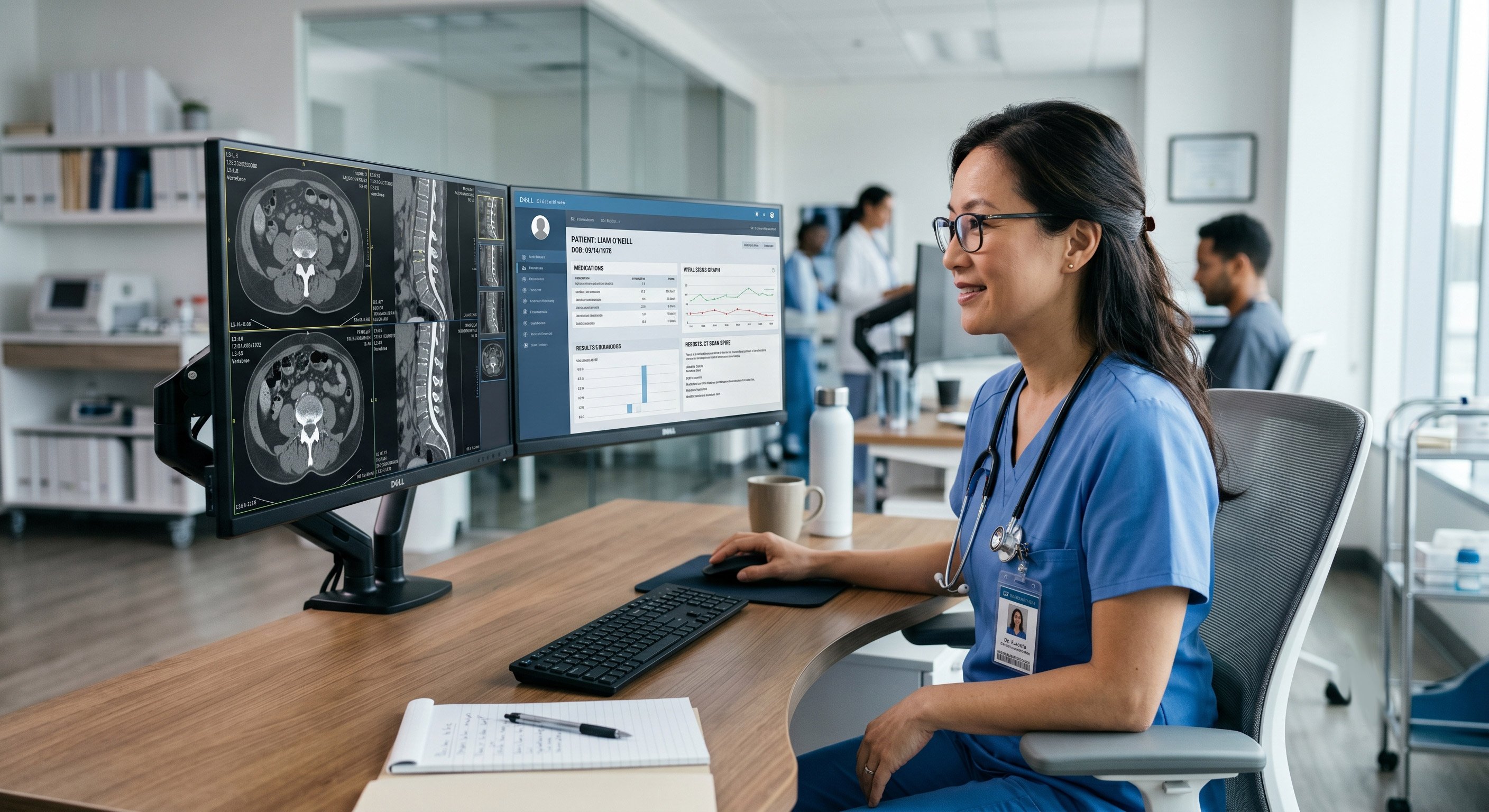 Focused doctor analyzes radiology imaging and patient data on a dual-monitor workstation
