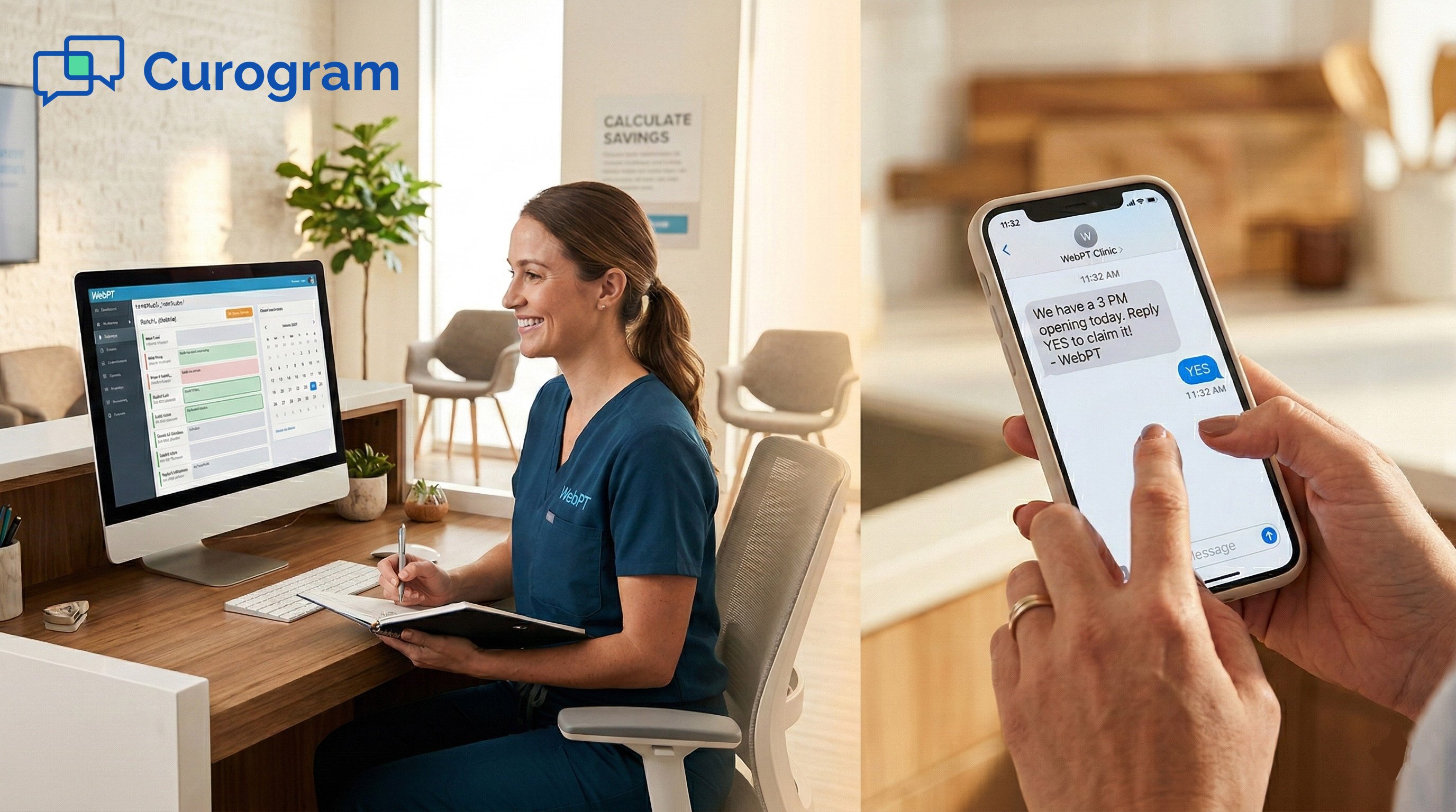 PT clinic staff member and a smartphone user managing a waitlist via text