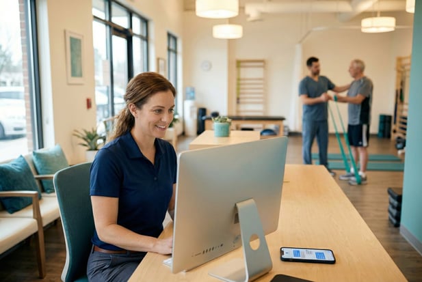 Candid photo of a PT clinic coordinator managing a waitlist from her desk