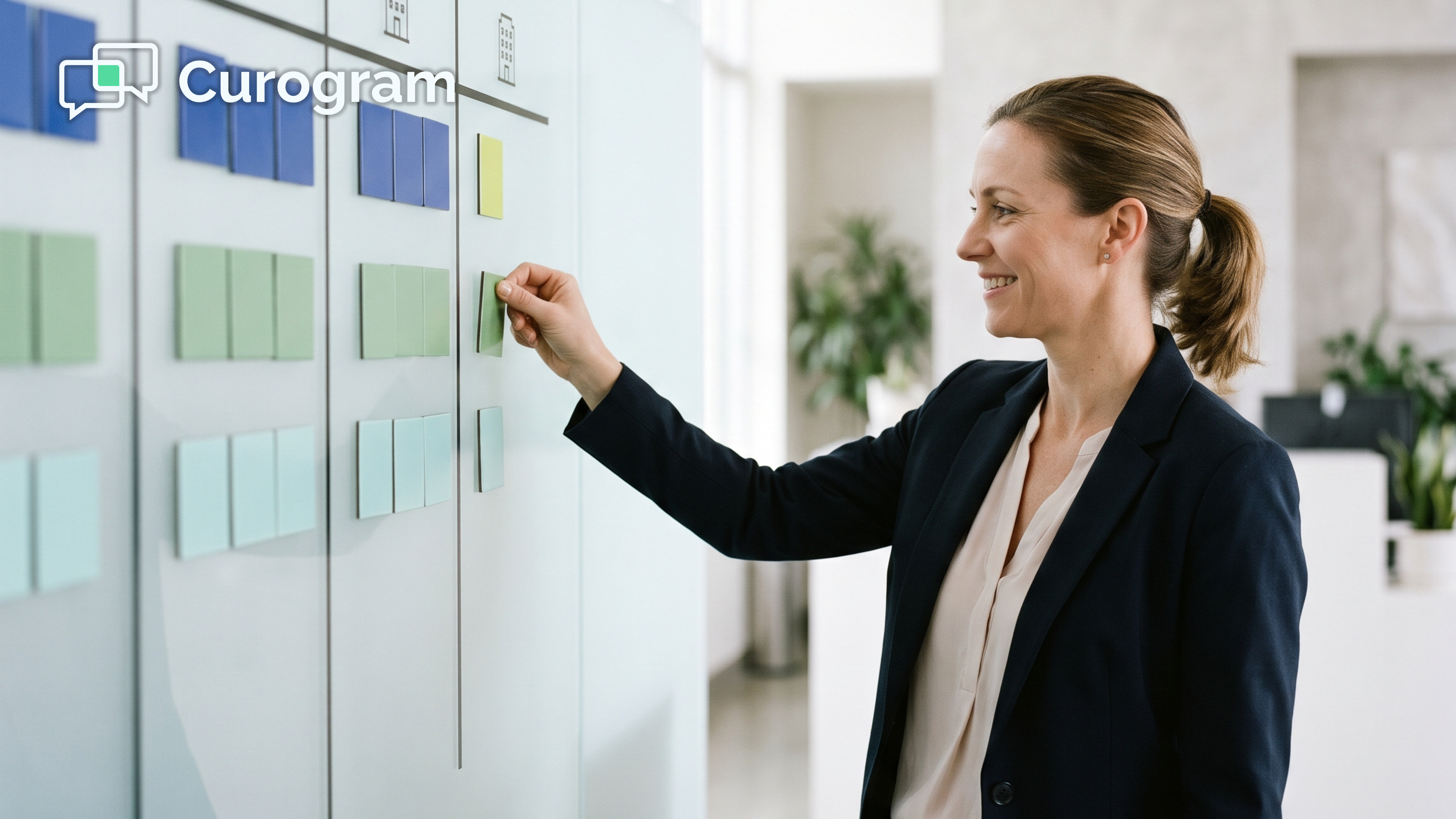Practice administrator mapping staff roles to clinic locations on a glass planning wall