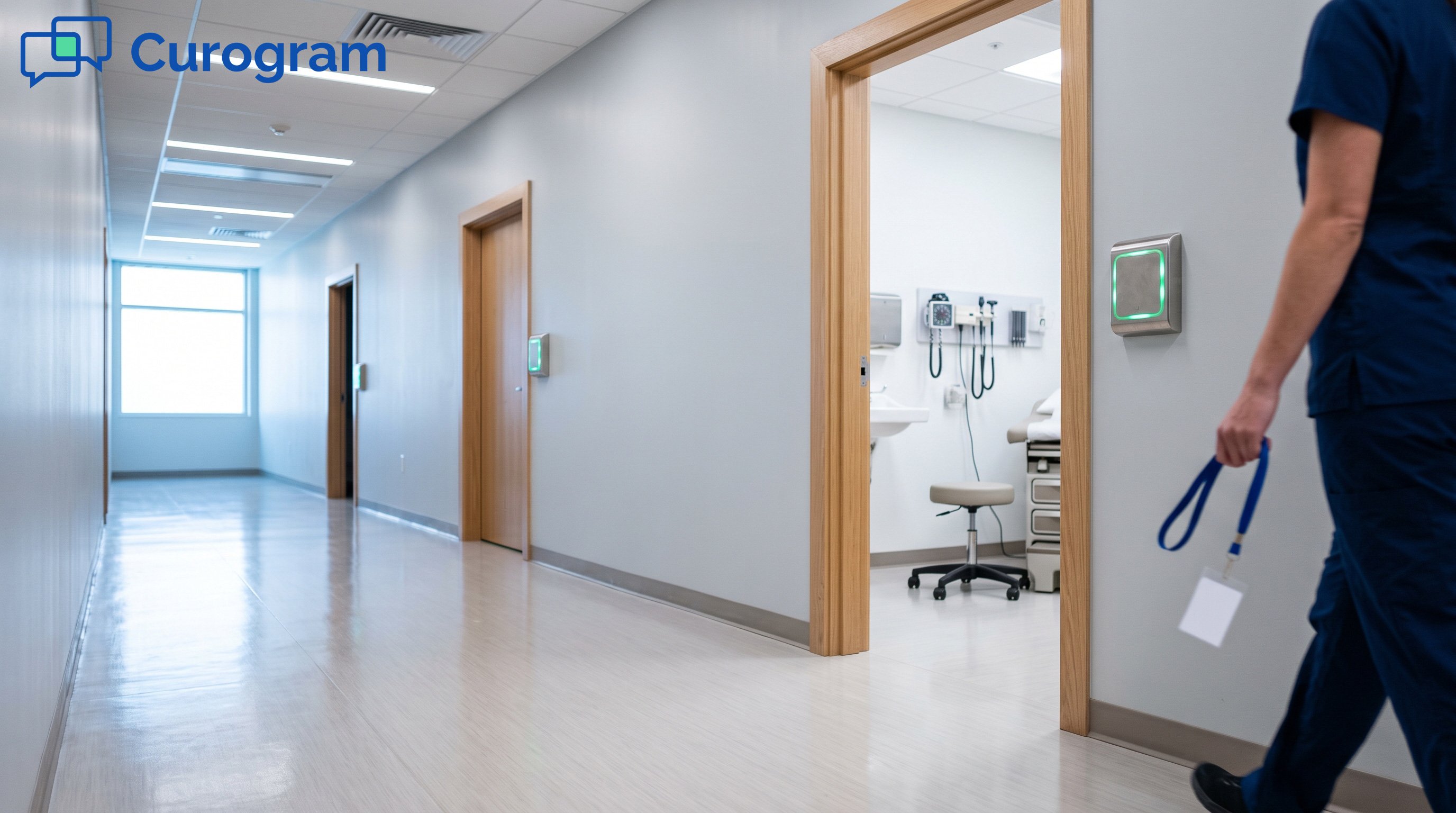 Medical clinic hallway with a nurse in blue scrubs carrying an ID badge past exam rooms
