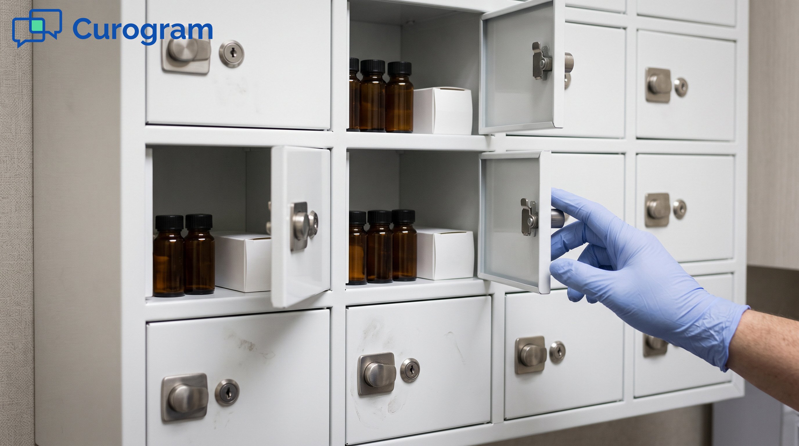 A wall-mounted medication storage cabinet in a small clinic supply room