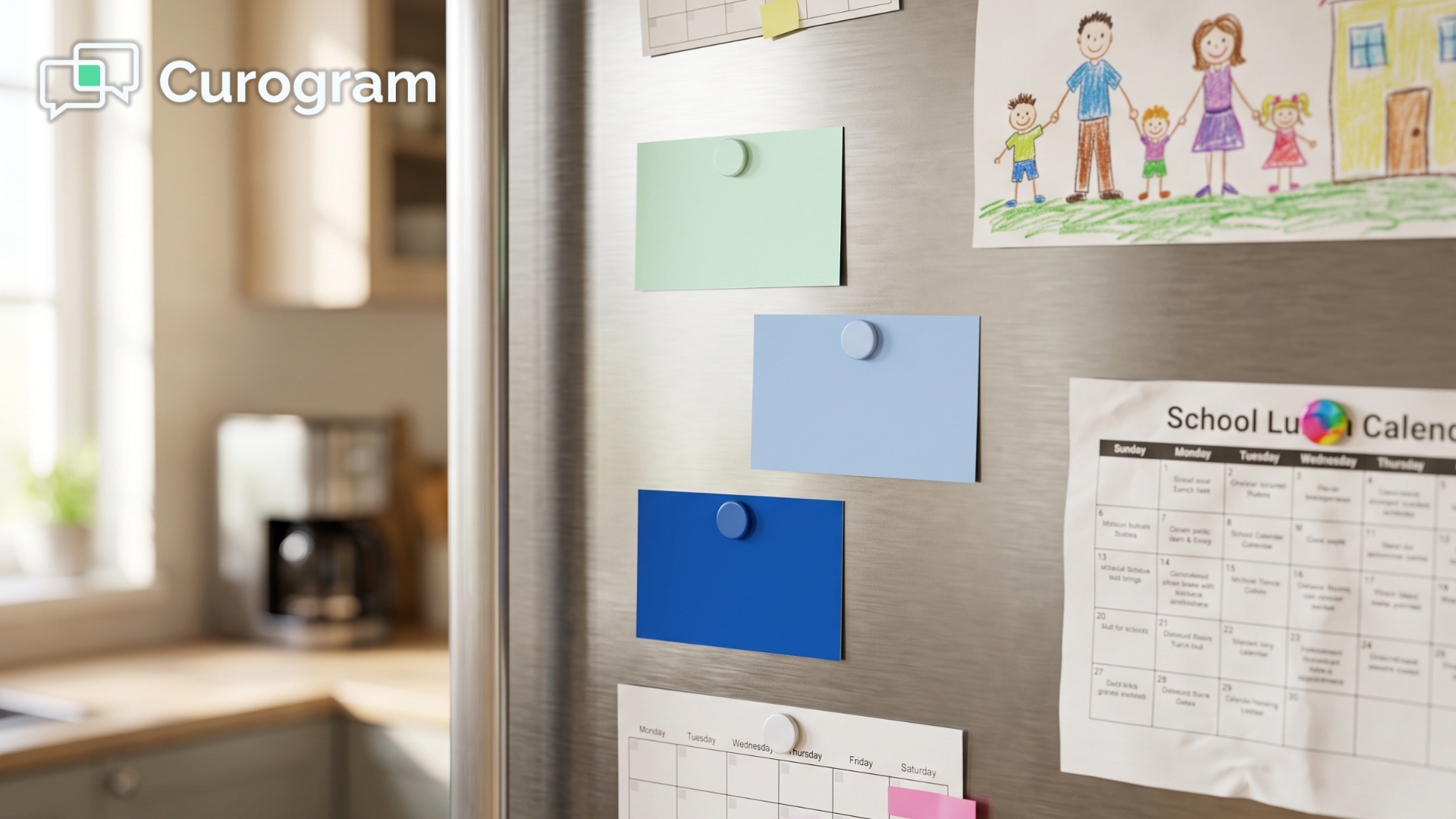 Family fridge with schedule cards for three kids’ speech, OT, and PT therapy sessions