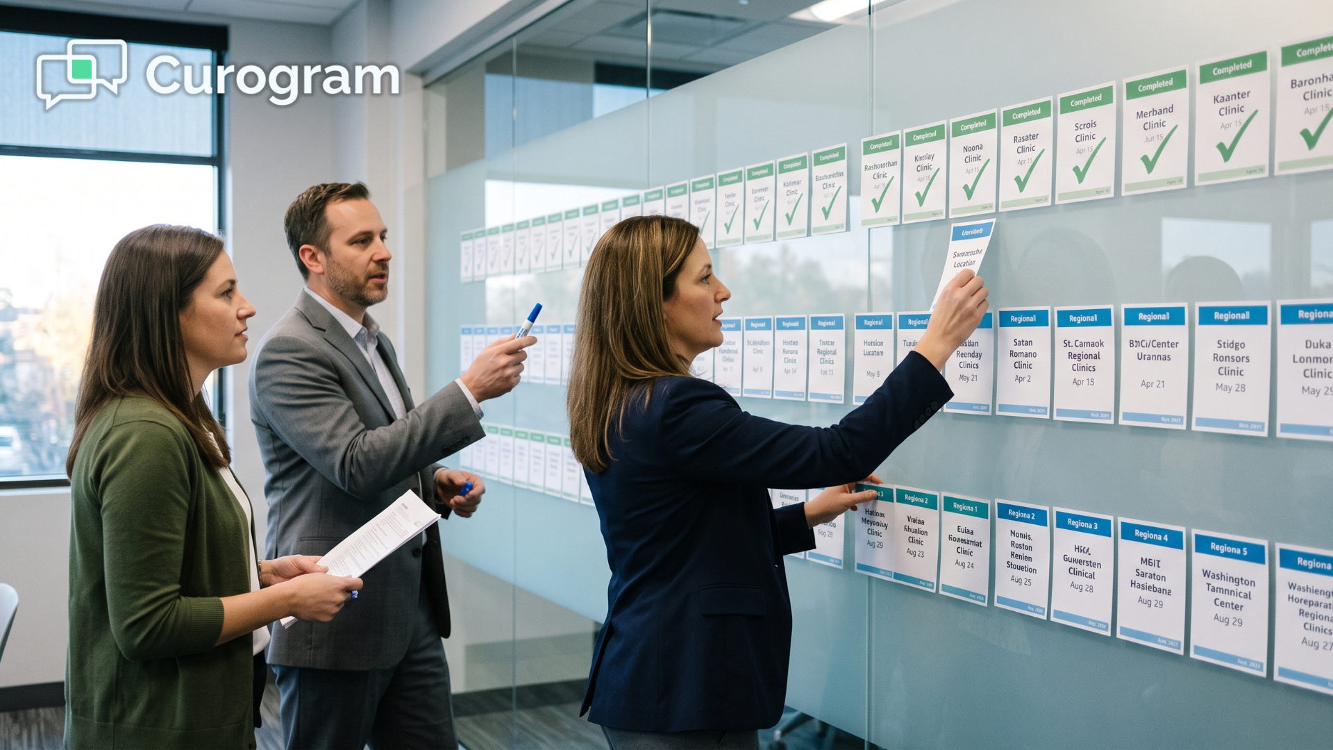 Operations team mapping an athenahealth multi-site patient texting rollout on a wave calendar