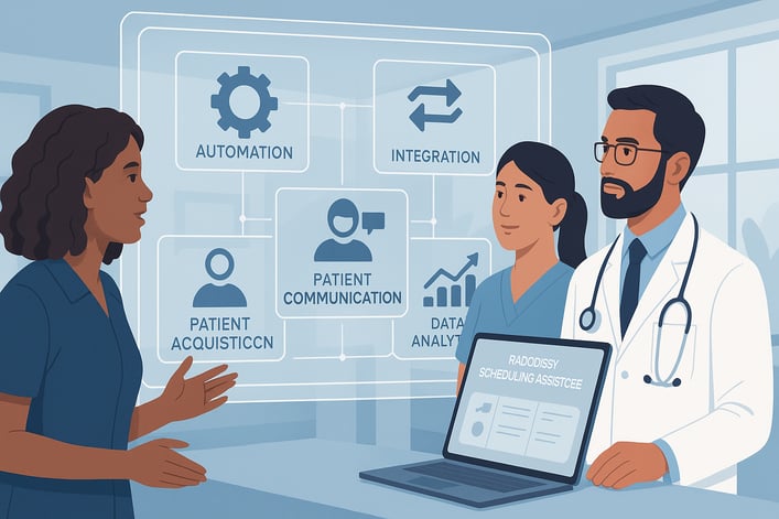 "Healthcare professionals collaborating around a digital interface showcasing radiology scheduling best practices and software integration for imaging efficiency."