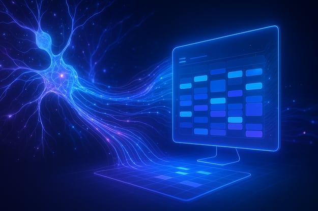 "AI and machine learning concept for radiology scheduling software, showing data streams optimizing imaging scheduling workflows."