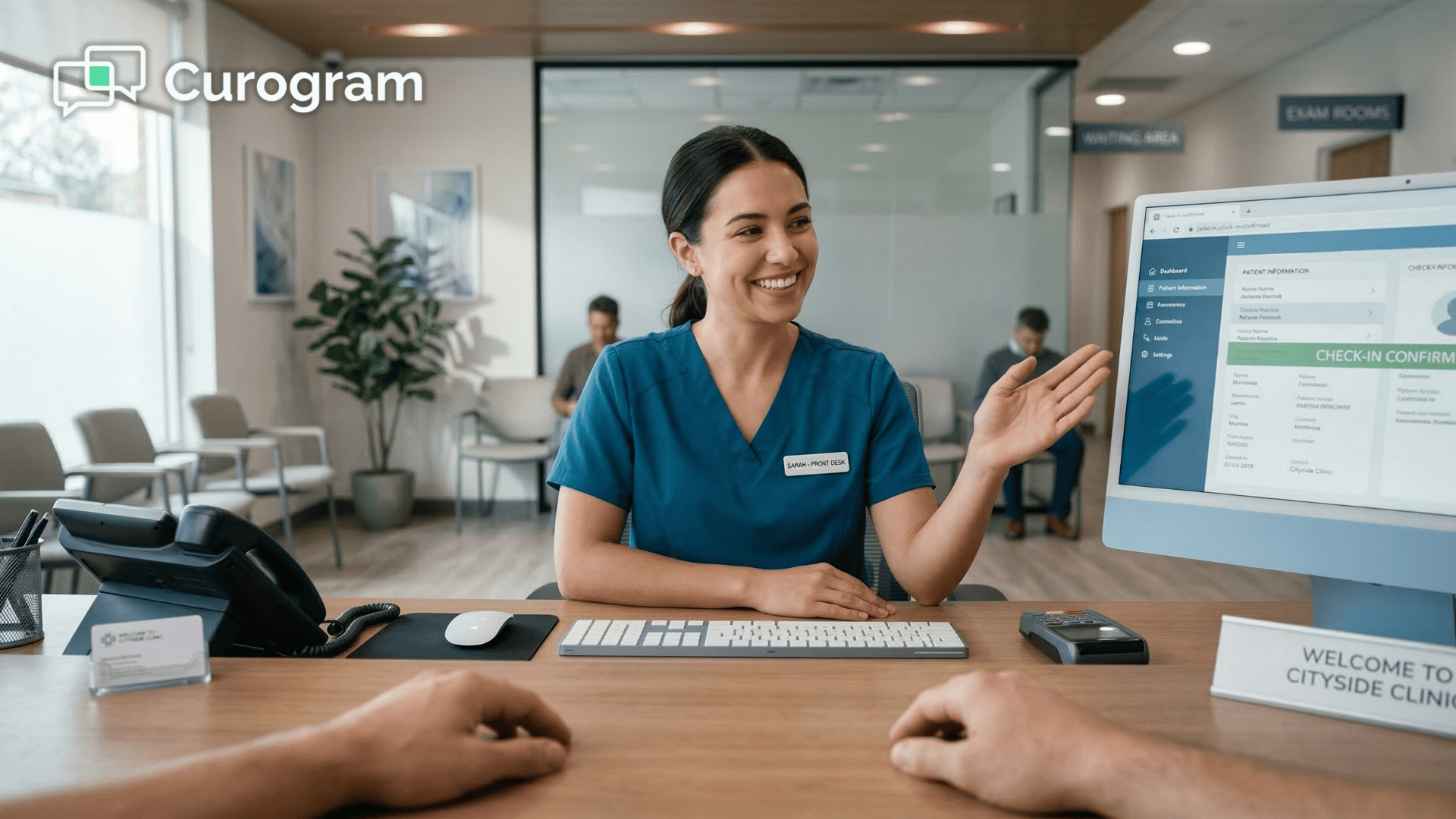 Patient checking in at rural clinic front desk without paperwork using Curogram