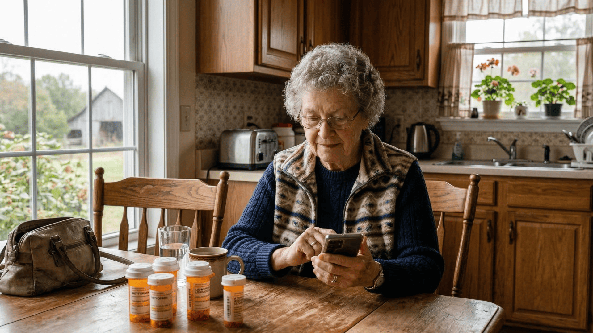 Elderly rural patient completing Azalea Health intake form on smartphone at home