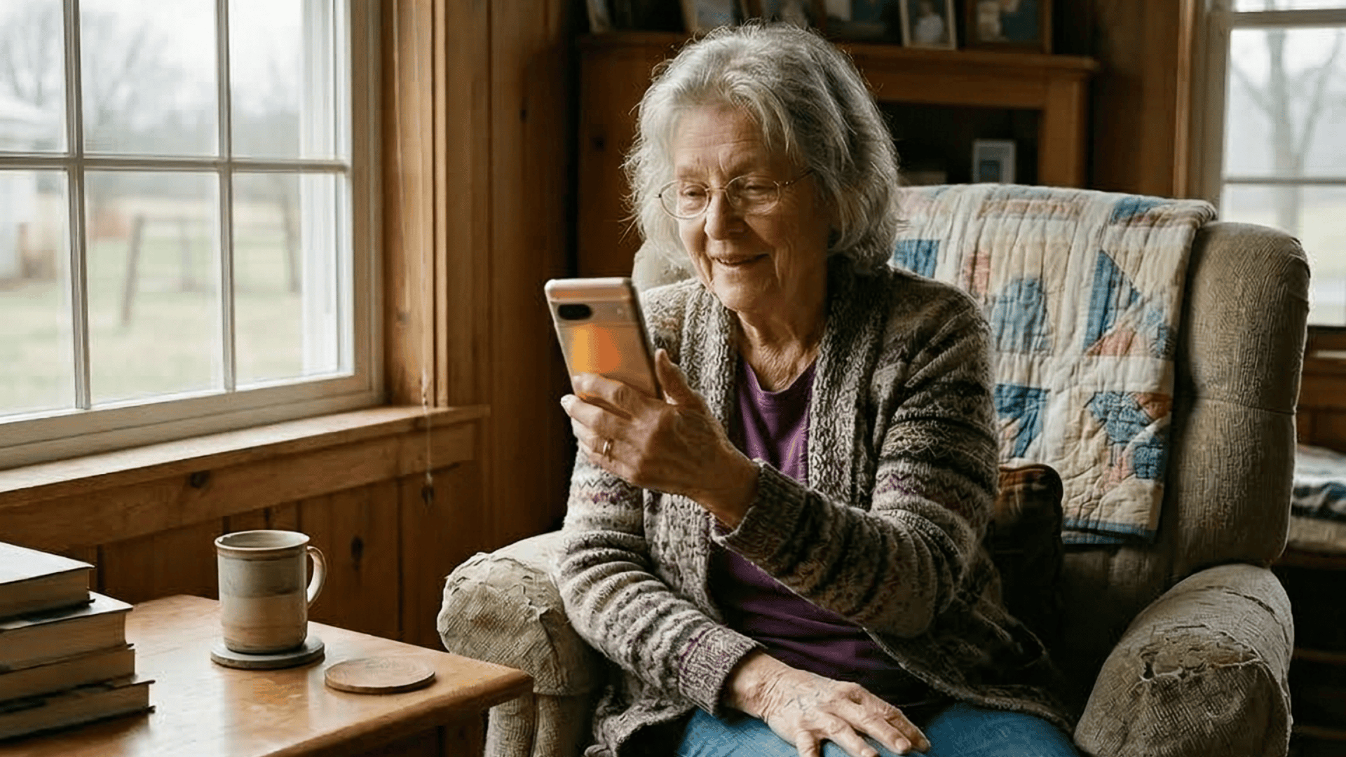 Elderly rural patient joining a video visit by tapping a text link