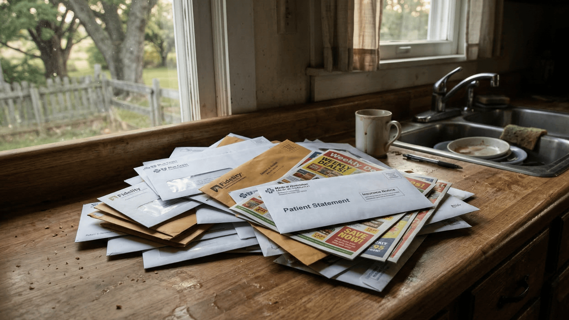 Unopened medical bills piling up on a rural patient's kitchen counter