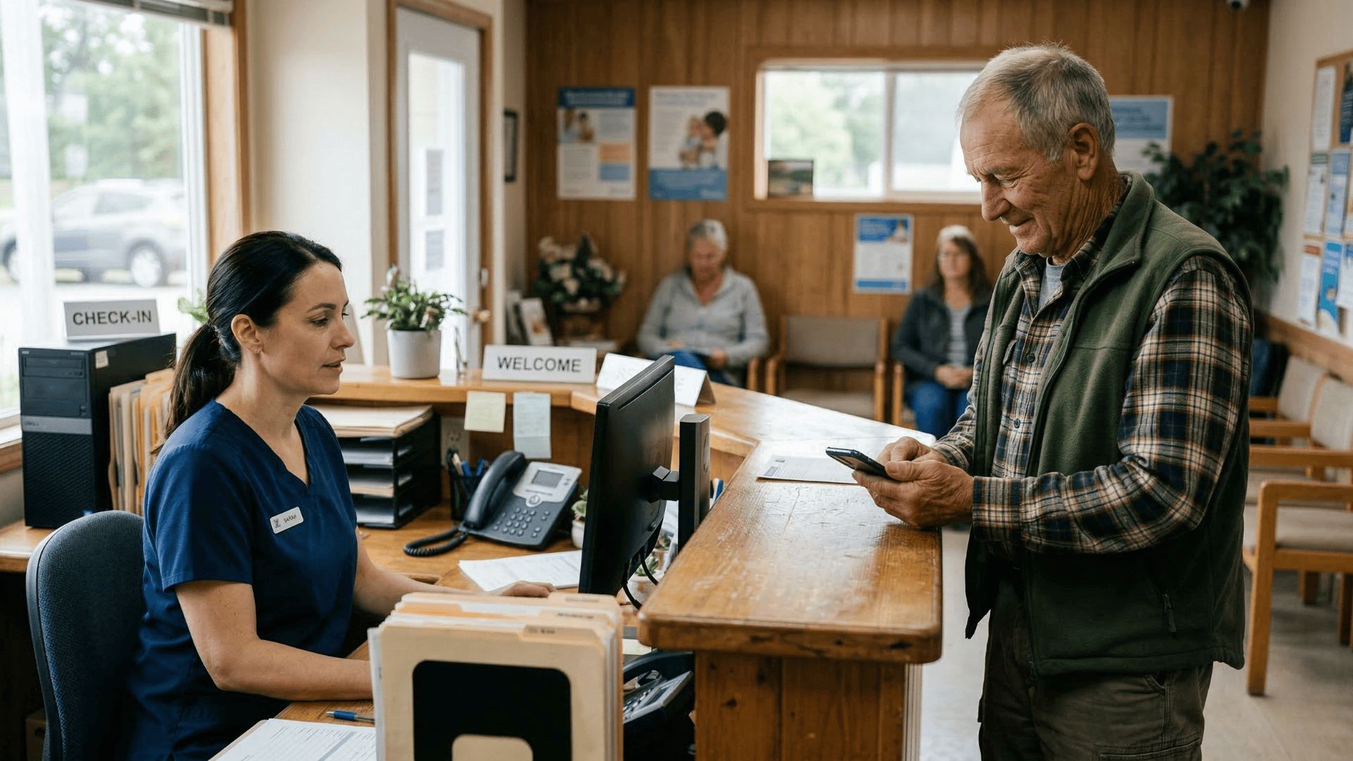 Front desk staff and elderly rural patient reviewing rescheduling text at clinic
