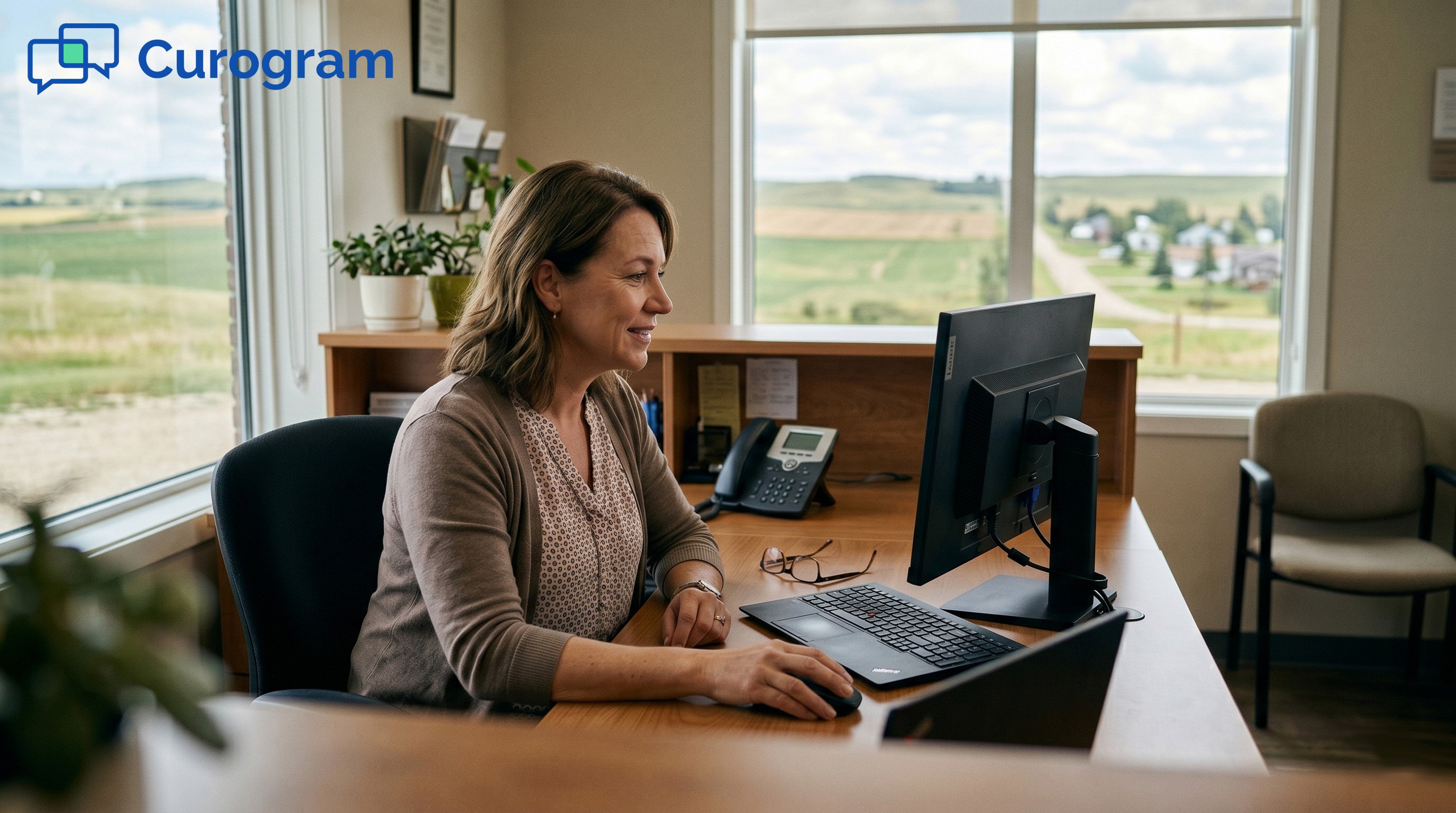 Front desk staff at a rural clinic smiling at a computer monitor