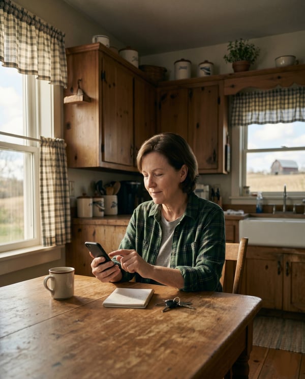 Woman at a kitchen table happily managing her healthcare with a smartphone